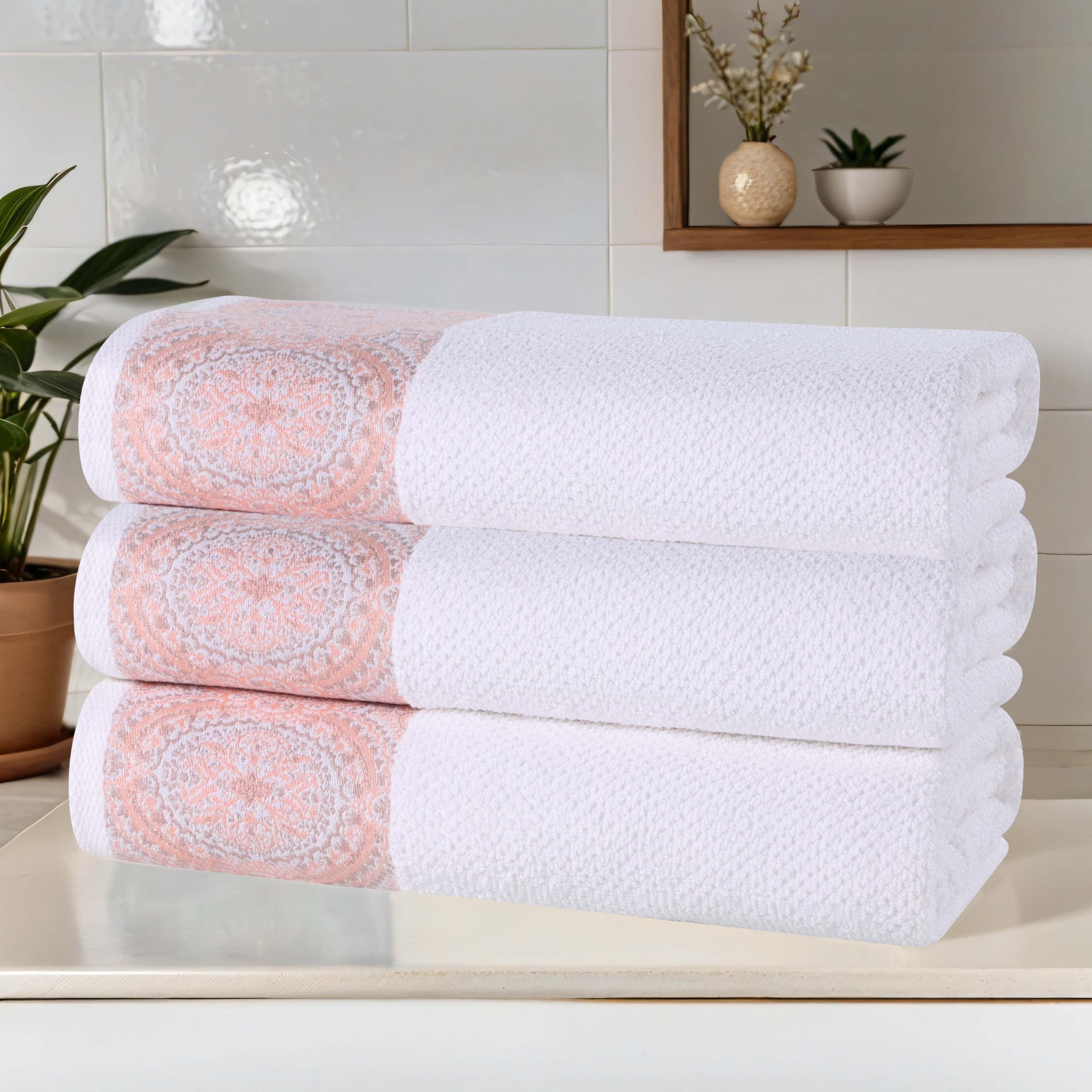 Superior Medallion Cotton Bath Towels Set, White and Emberglow, 3-Pack