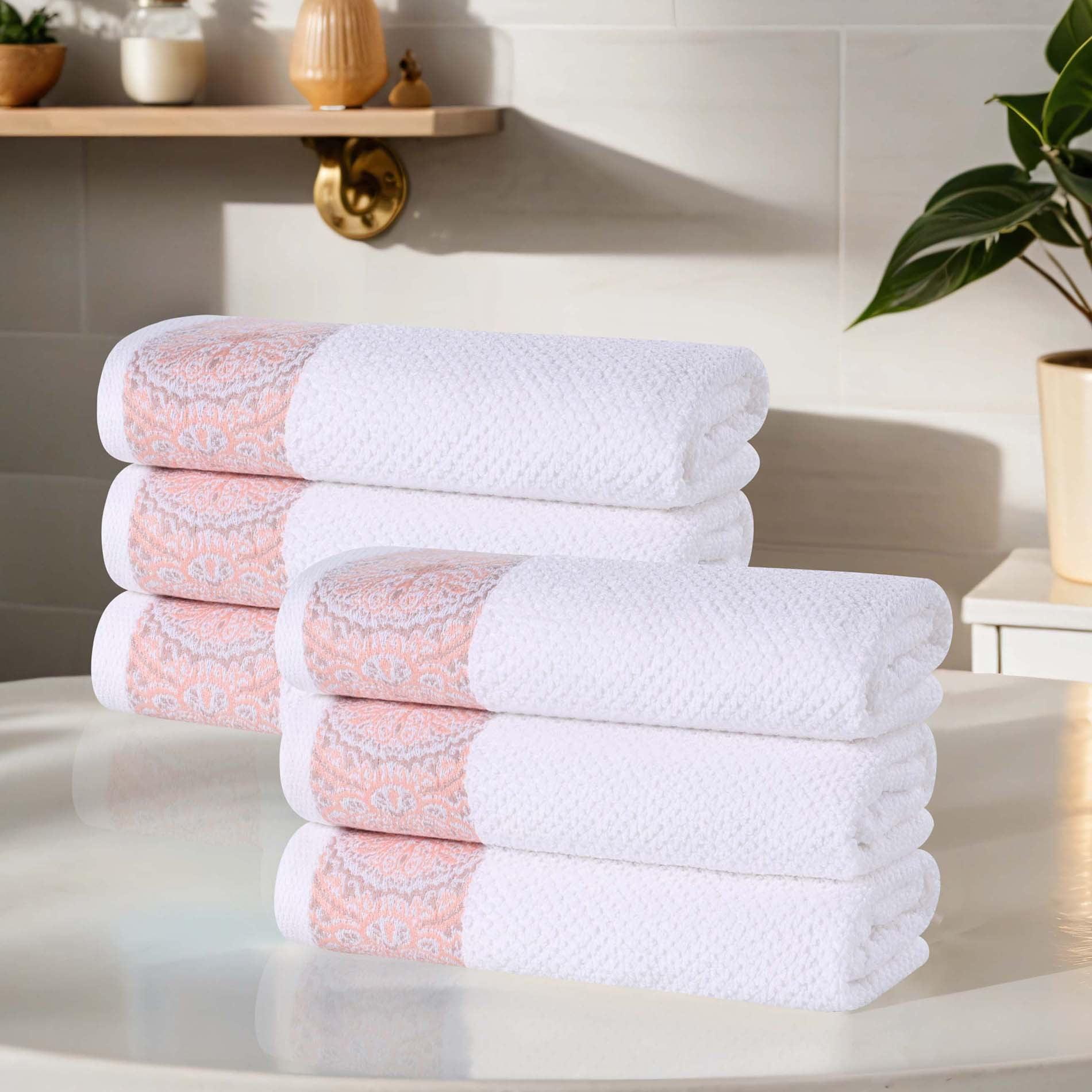 Superior White and Emberglow Cotton Hand Towels, Set of 6