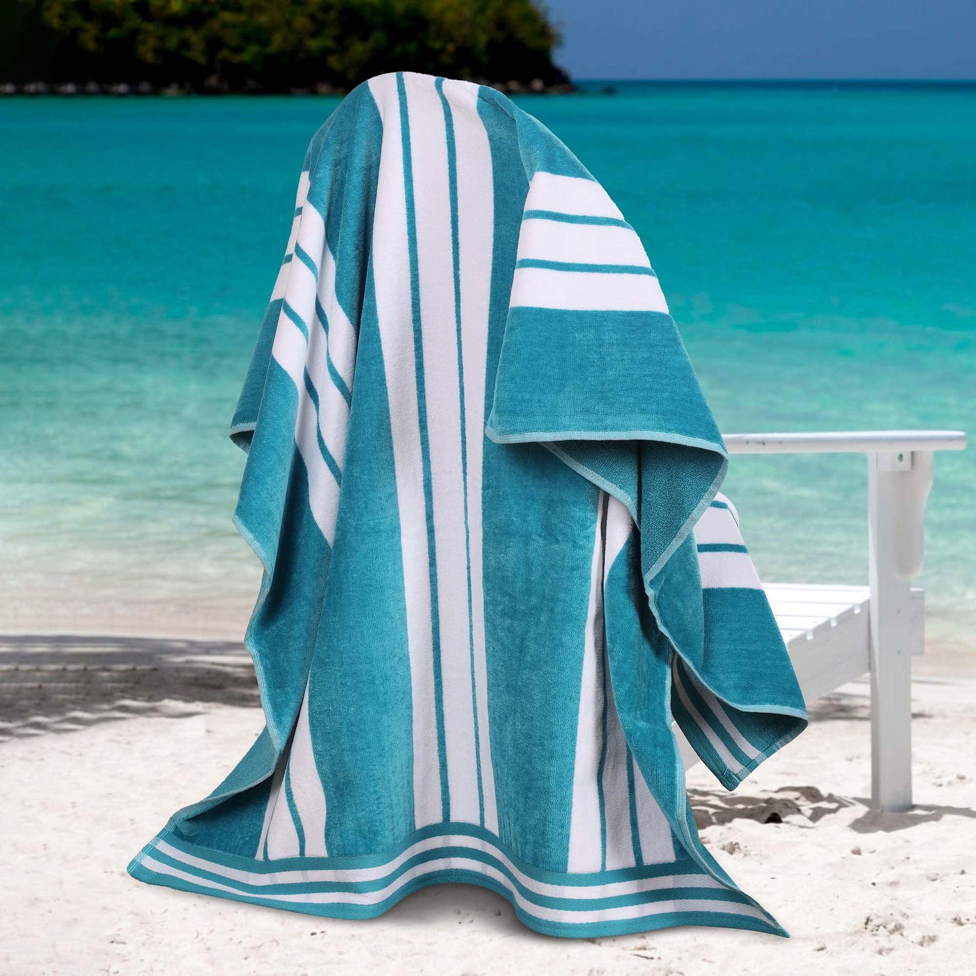 Turquoise and White Striped Cotton Oversized Beach Towel