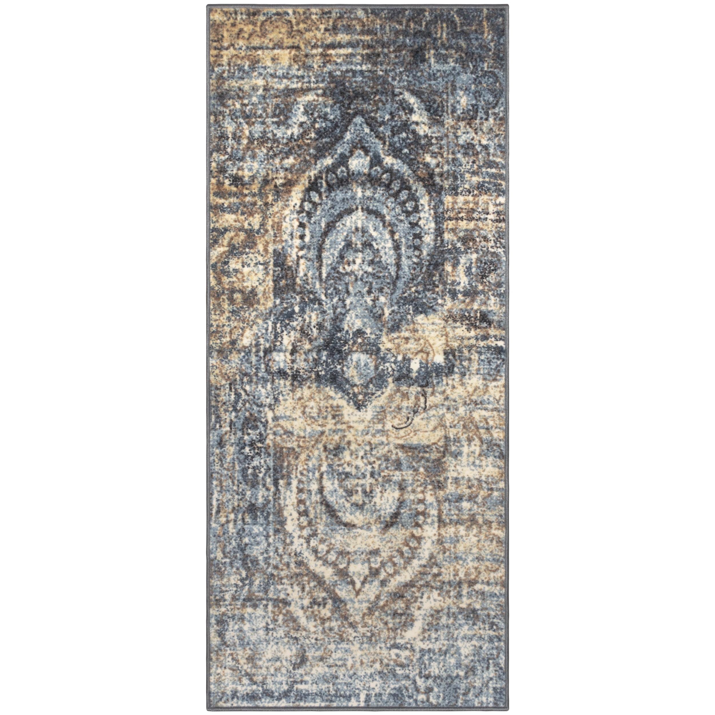 Blue-Beige Medallion Washable Runner Rug with Foam Backing