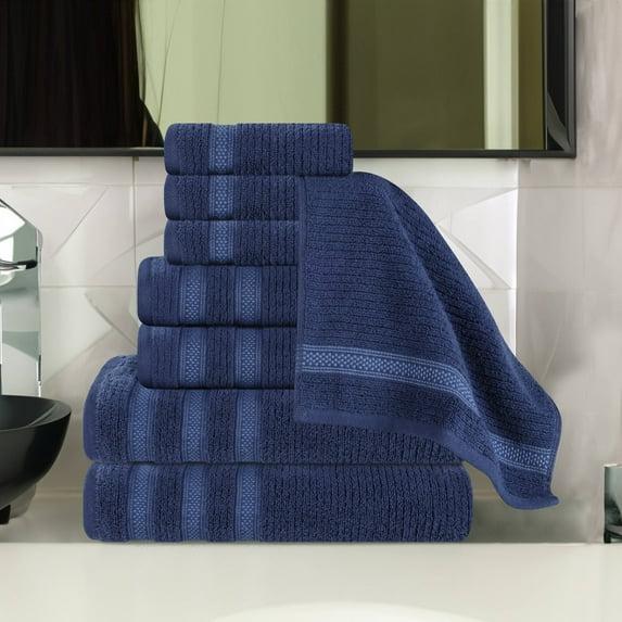 Superior Zero Twist Cotton Ribbed Geometric 8-Piece Towel Set, Navy Blue