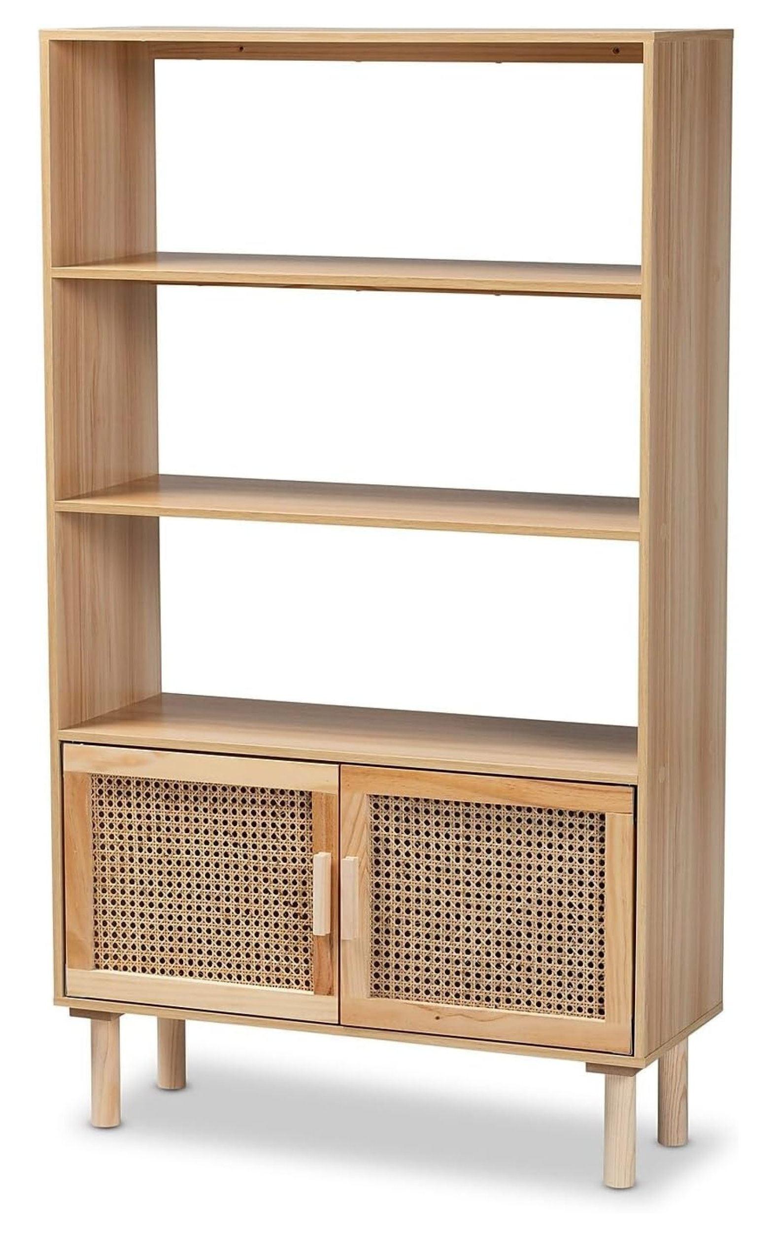 55.1" Faulkner Natural Wood Rattan 2 Door Bookcase Brown - Baxton Studio: Mid-Century Design, 3 Shelves