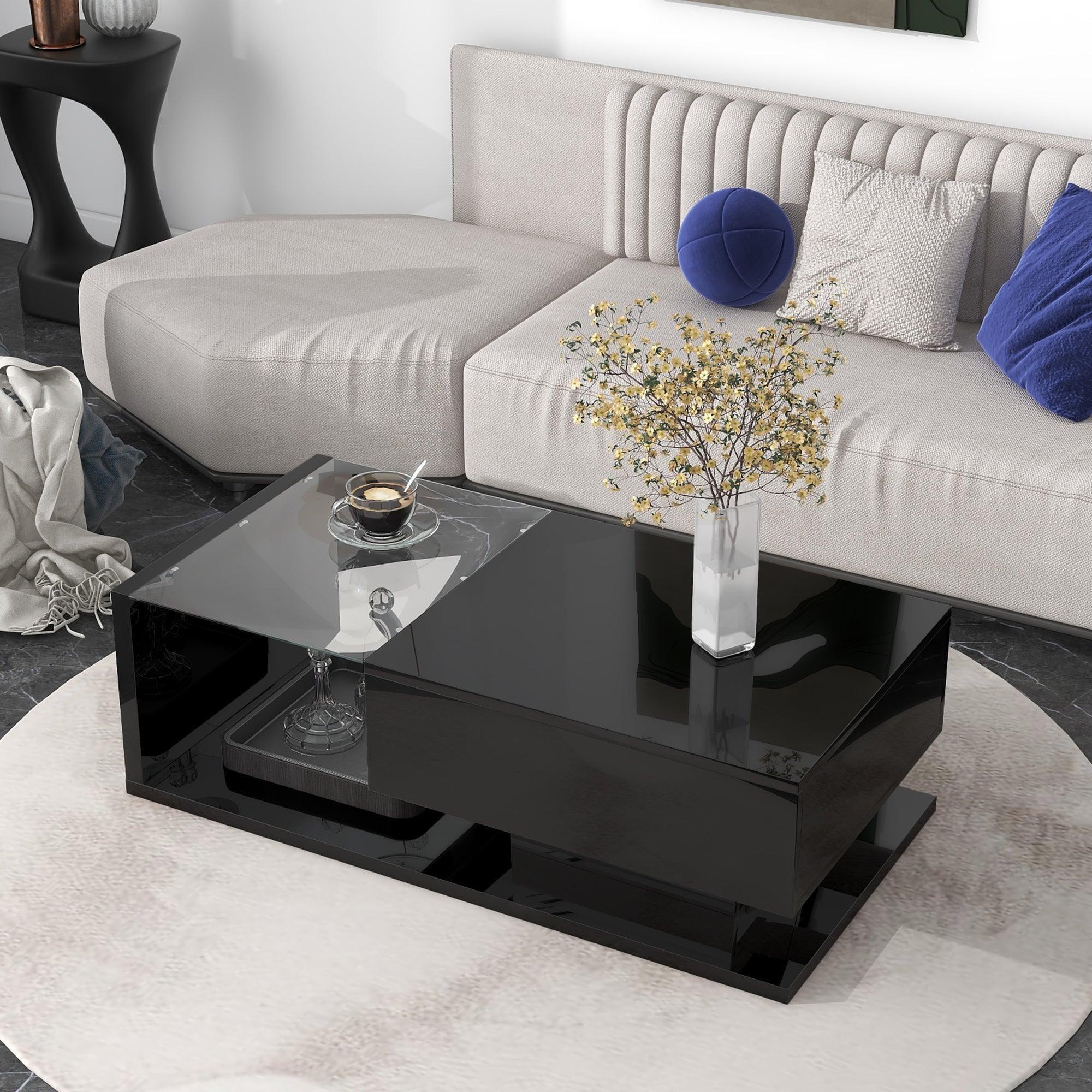 Black Rectangular Wood and Glass Coffee Table with Storage