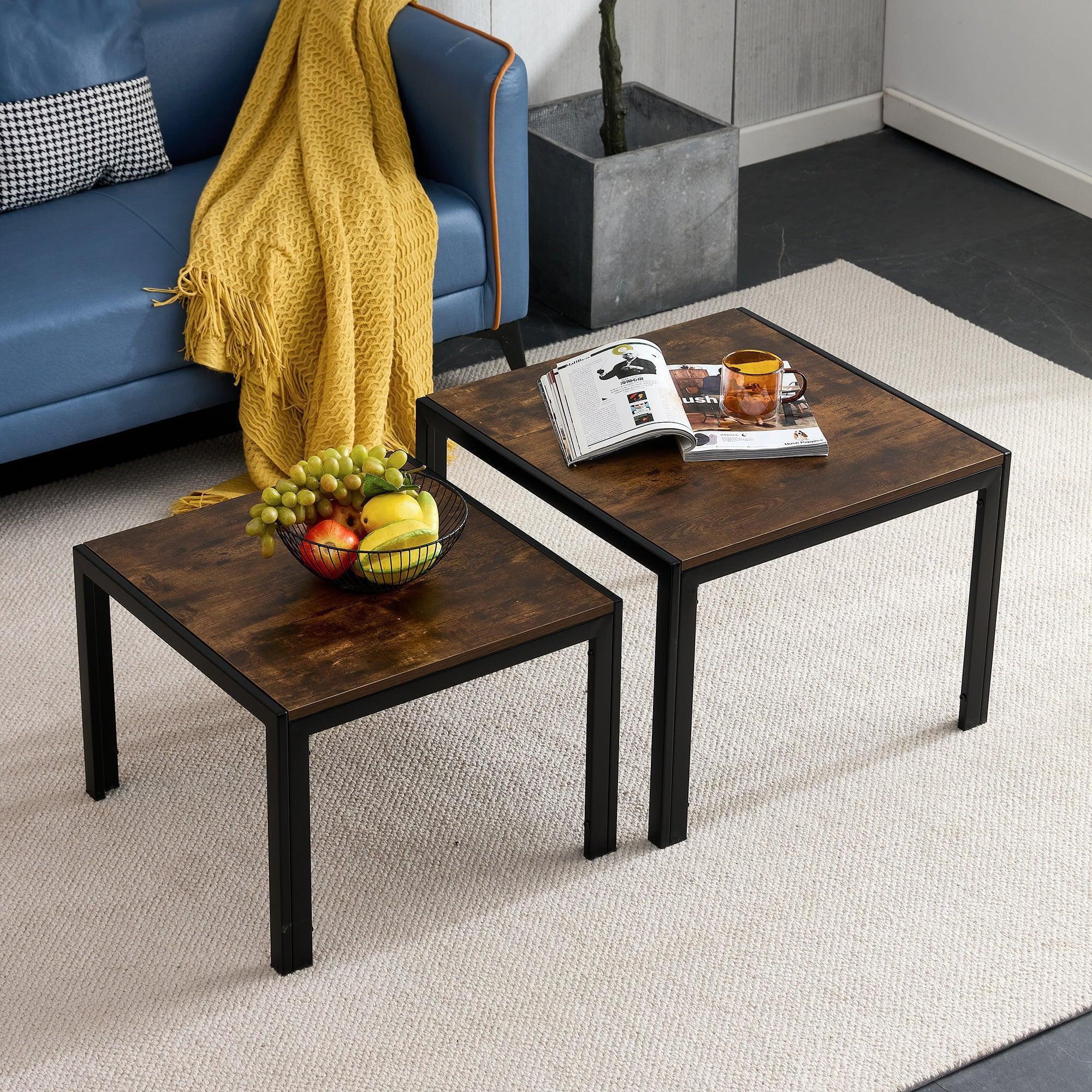 Square Brown Wood Nesting Coffee Table Set with Metal Frame