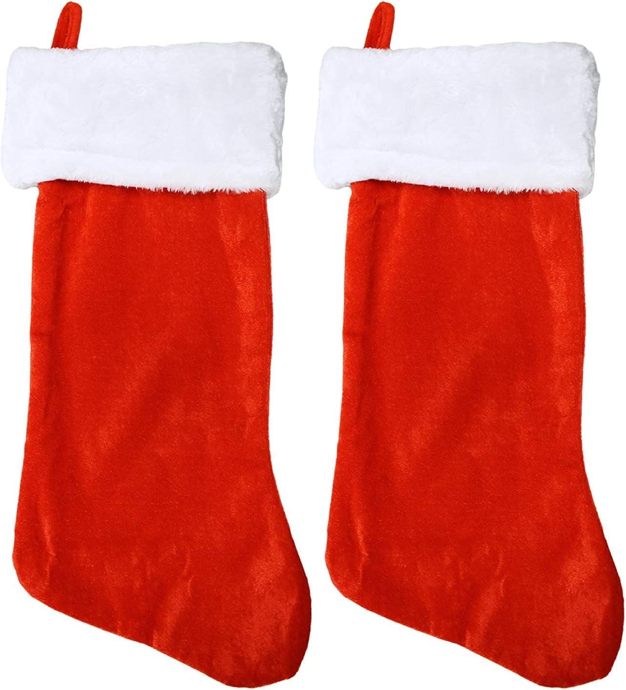 Set of Two 18" Red Velvet Christmas Stocking W/White Plush Cuff & Hanging Tag