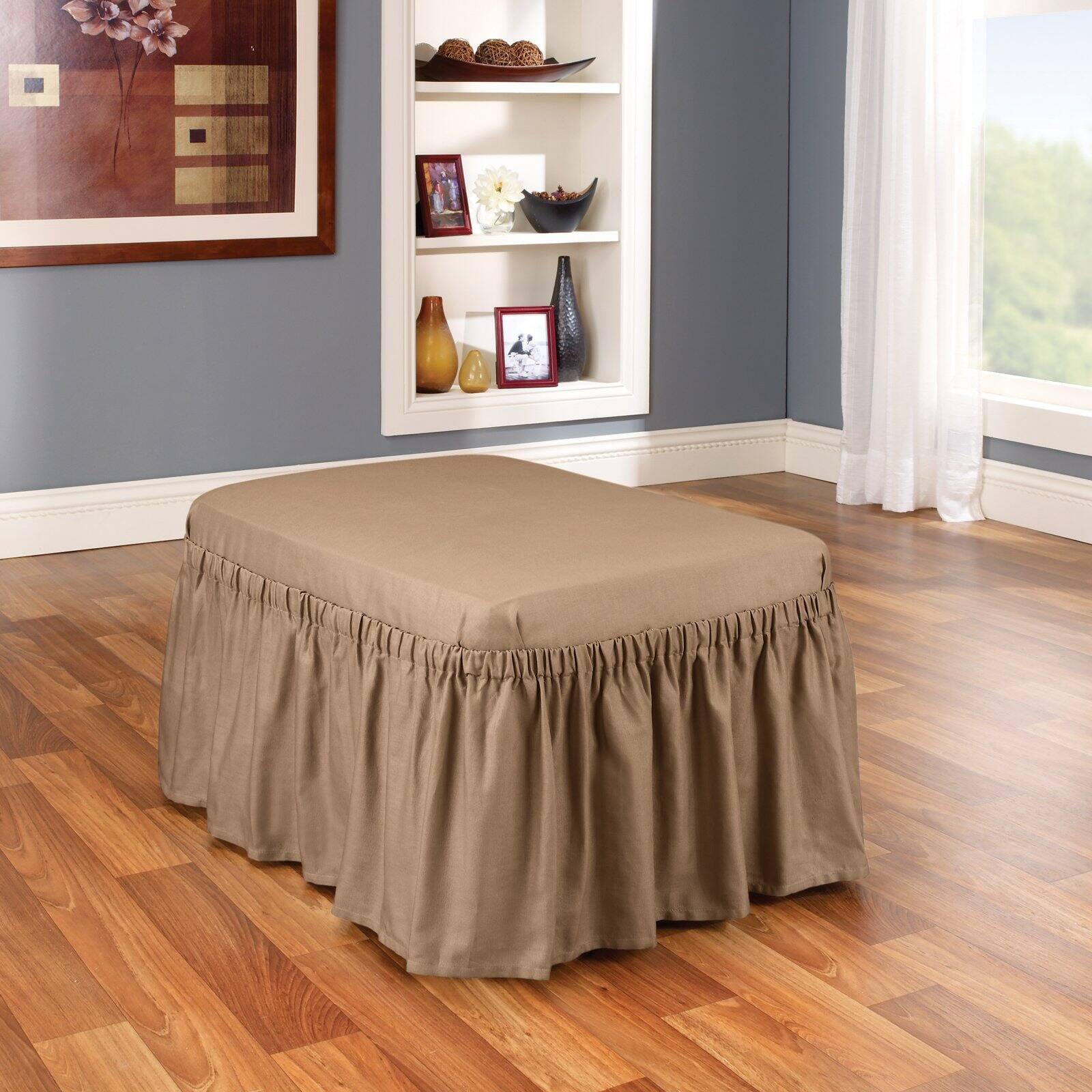 Elegant Natural Cotton Duck Ottoman Slipcover with Waterfall Skirt