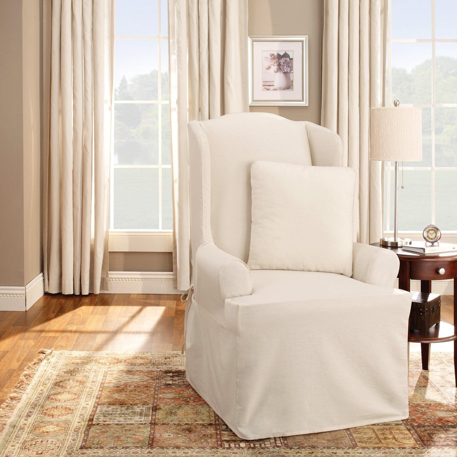 Crisp Natural Cotton Wingback Chair Slipcover with T-Cushion Fit