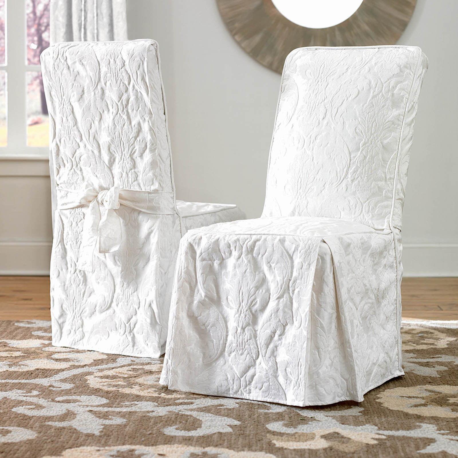 White Damask Pattern Dining Chair Slipcover with Kick Pleats