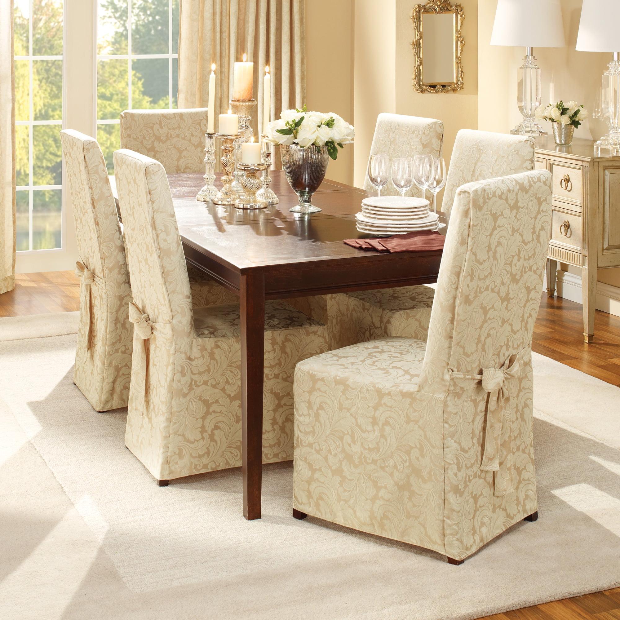 Elegant Champagne Cotton Blend Dining Chair Slipcover with Leaf Pattern