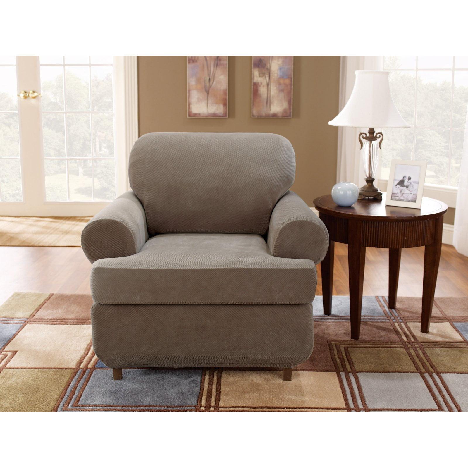 Taupe Stretch Pique T-Cushion Chair Slipcover Set