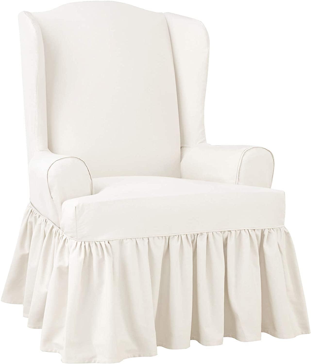 Classic White Cotton Twill T-Cushion Wingback Chair Slipcover