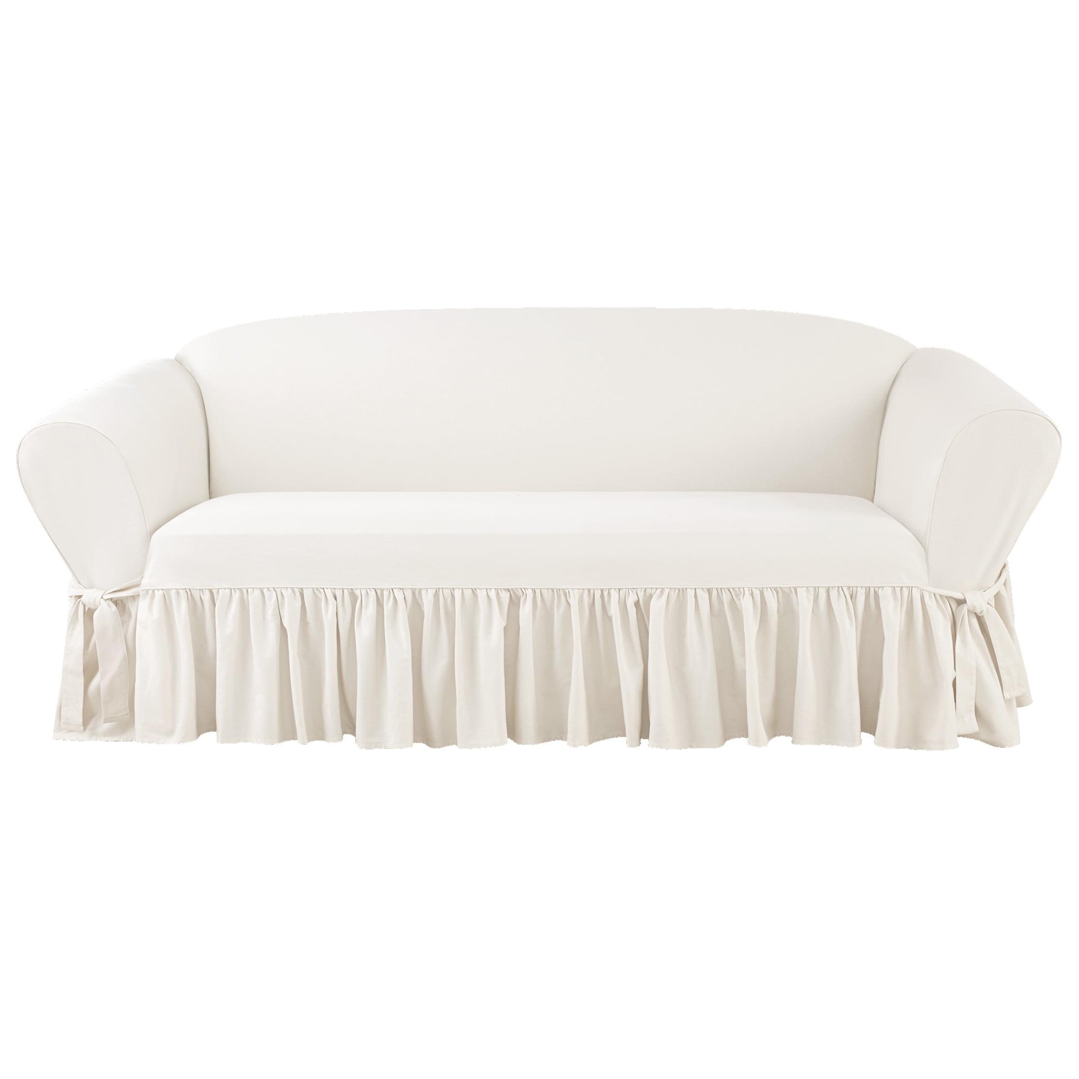 White Cotton Twill Ruffled Sofa Slipcover