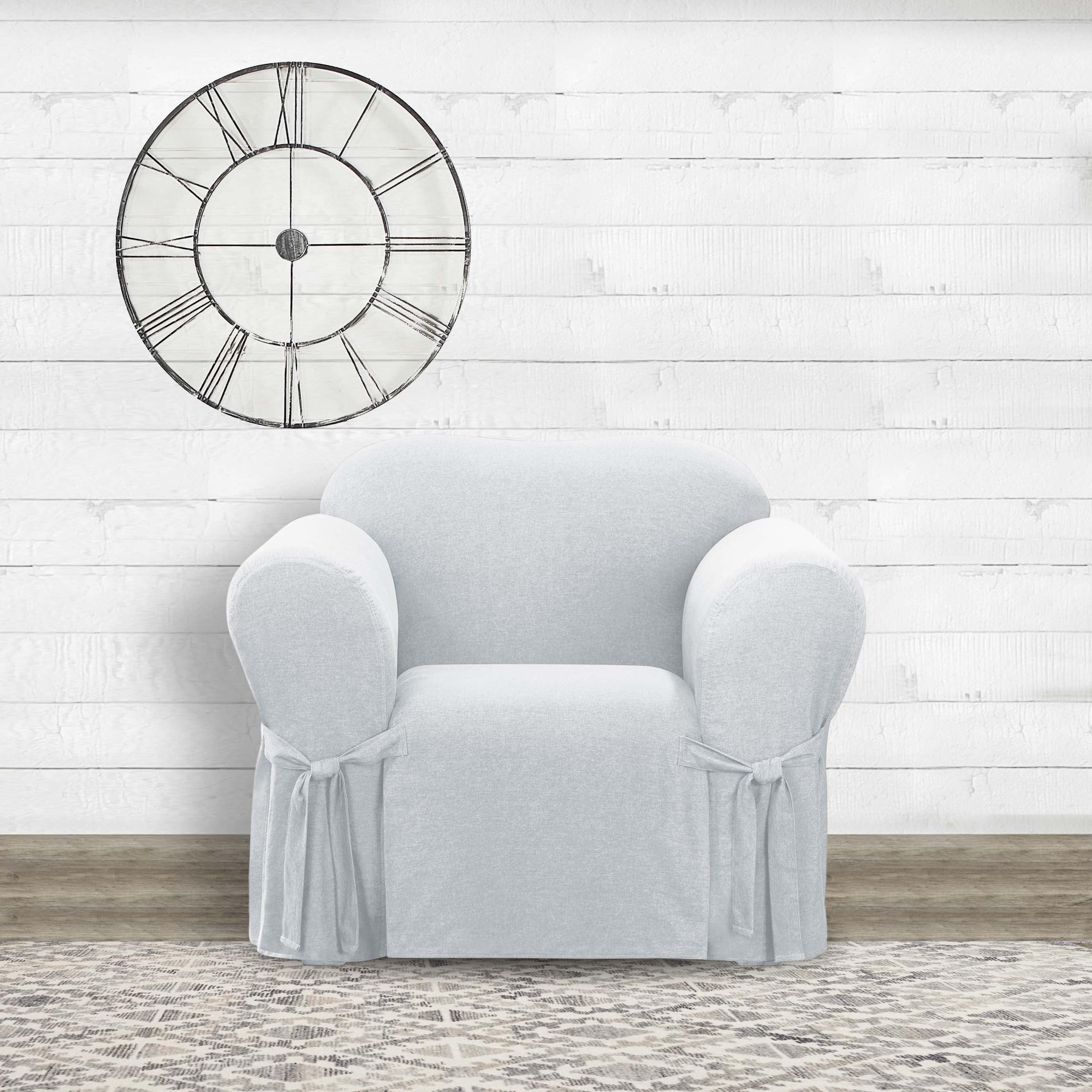 Farmhouse Basketweave Chair Slipcover Gray - Sure Fit: Adjustable Ties, Elastic Band, Fits 32"-43" Armchairs