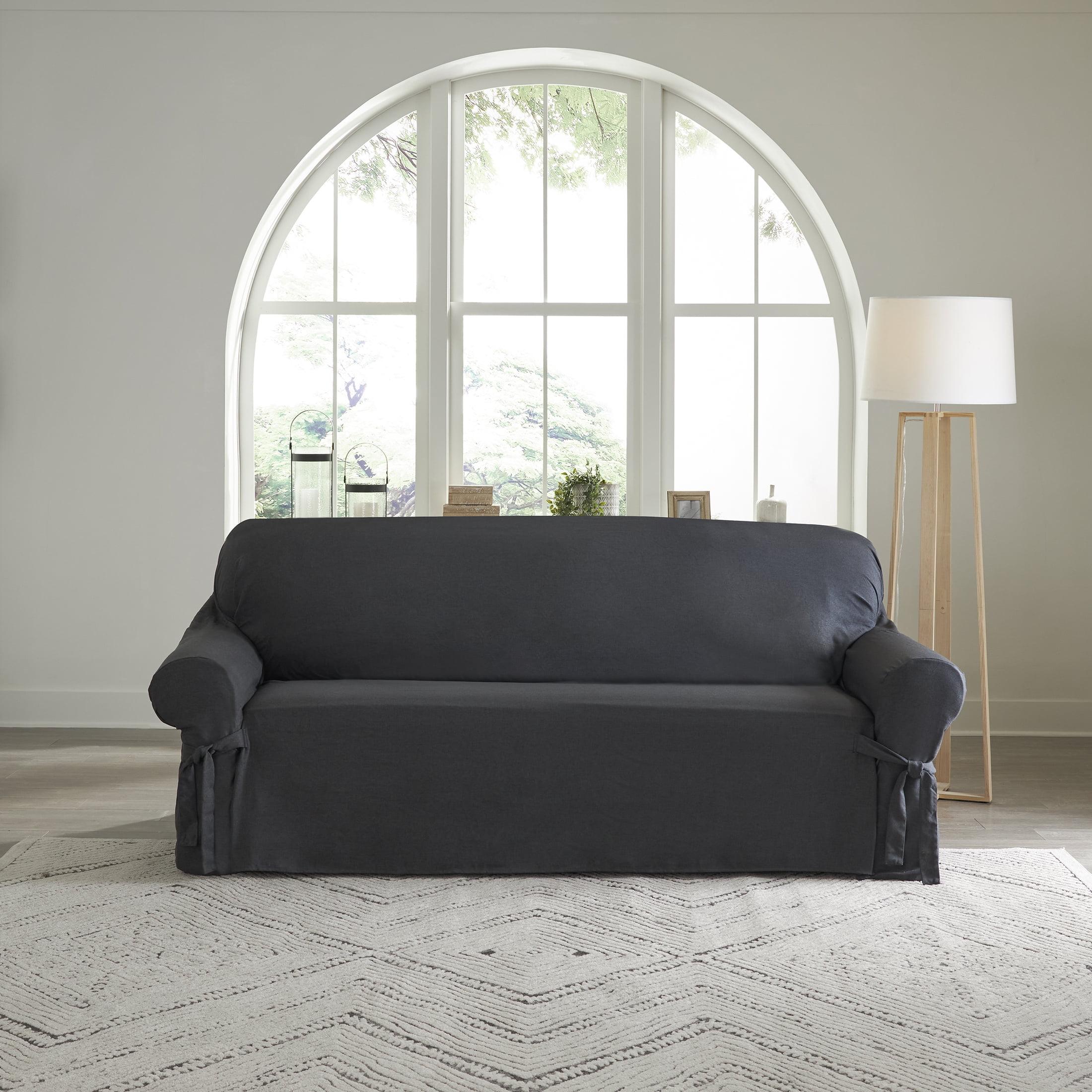 SureFit Farmhouse Basketweave 1 Piece Sofa, Faux Linen, Slipcover in Charcoal