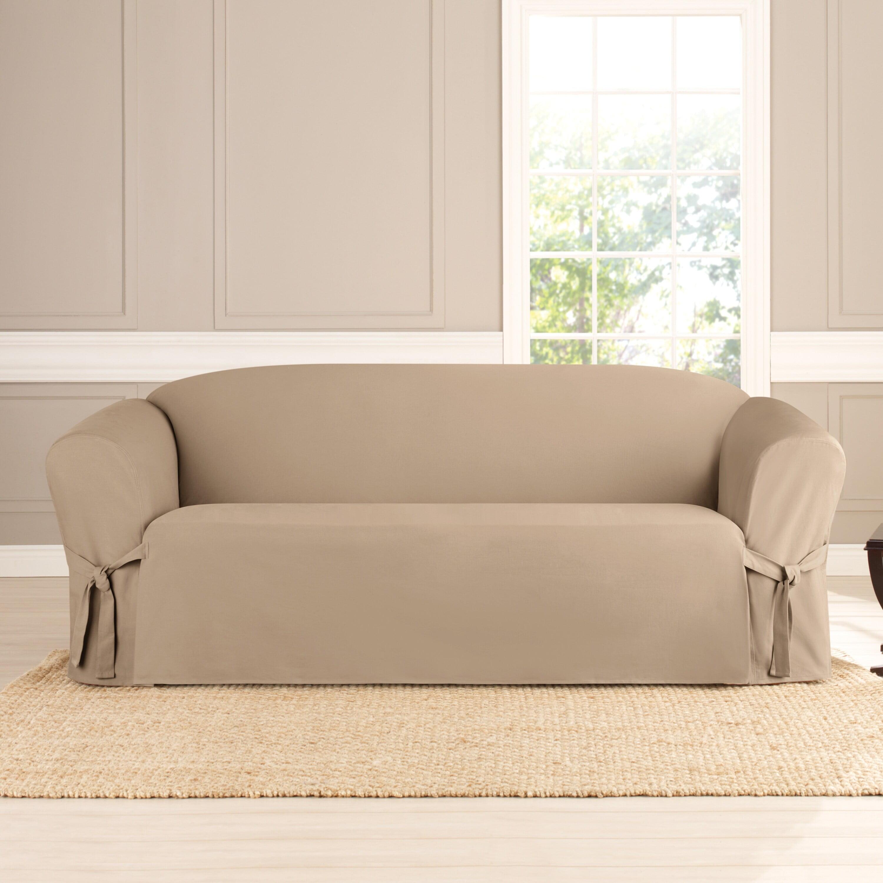 Khaki Heavyweight Cotton Duck Sofa Slipcover with Ties