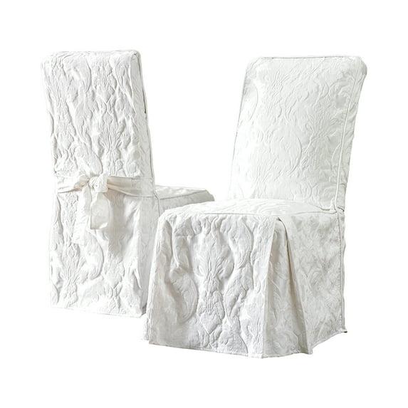 SureFit Matelasse Damask Long Dining Chair Slipcover, Furniture Cover for Dining Chair, Machine Washable, White