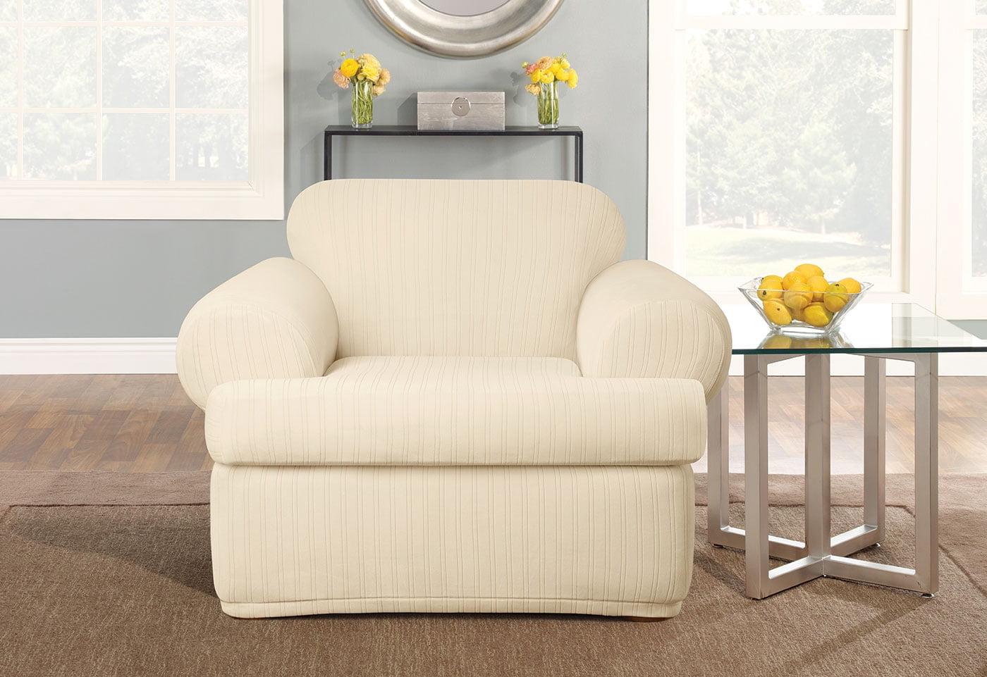 SureFit  Stretch Pinstripe 2 Piece T Cushion Chair Slipcover Cream