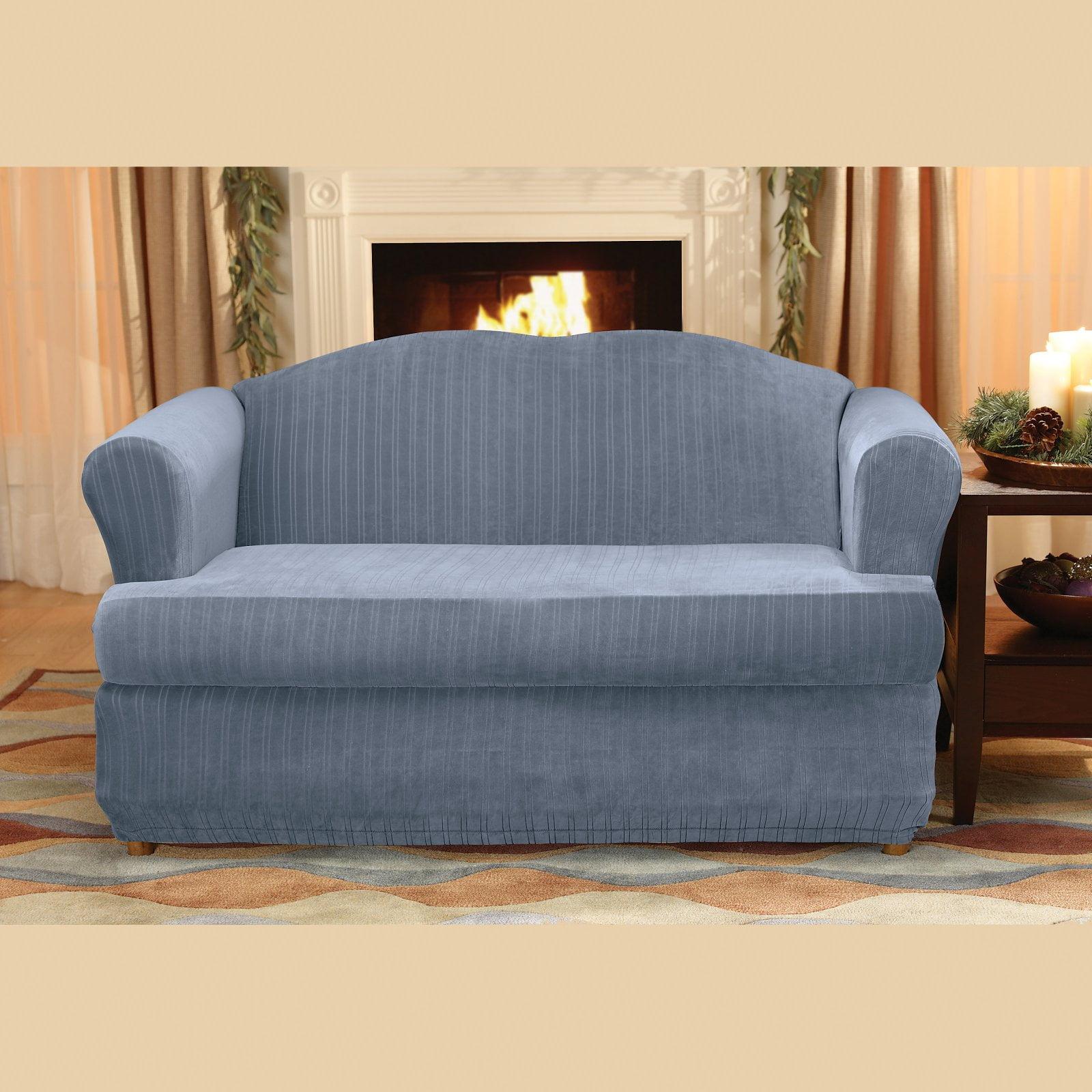 Stretch Pinstripe T-Cushion Loveseat Slipcover