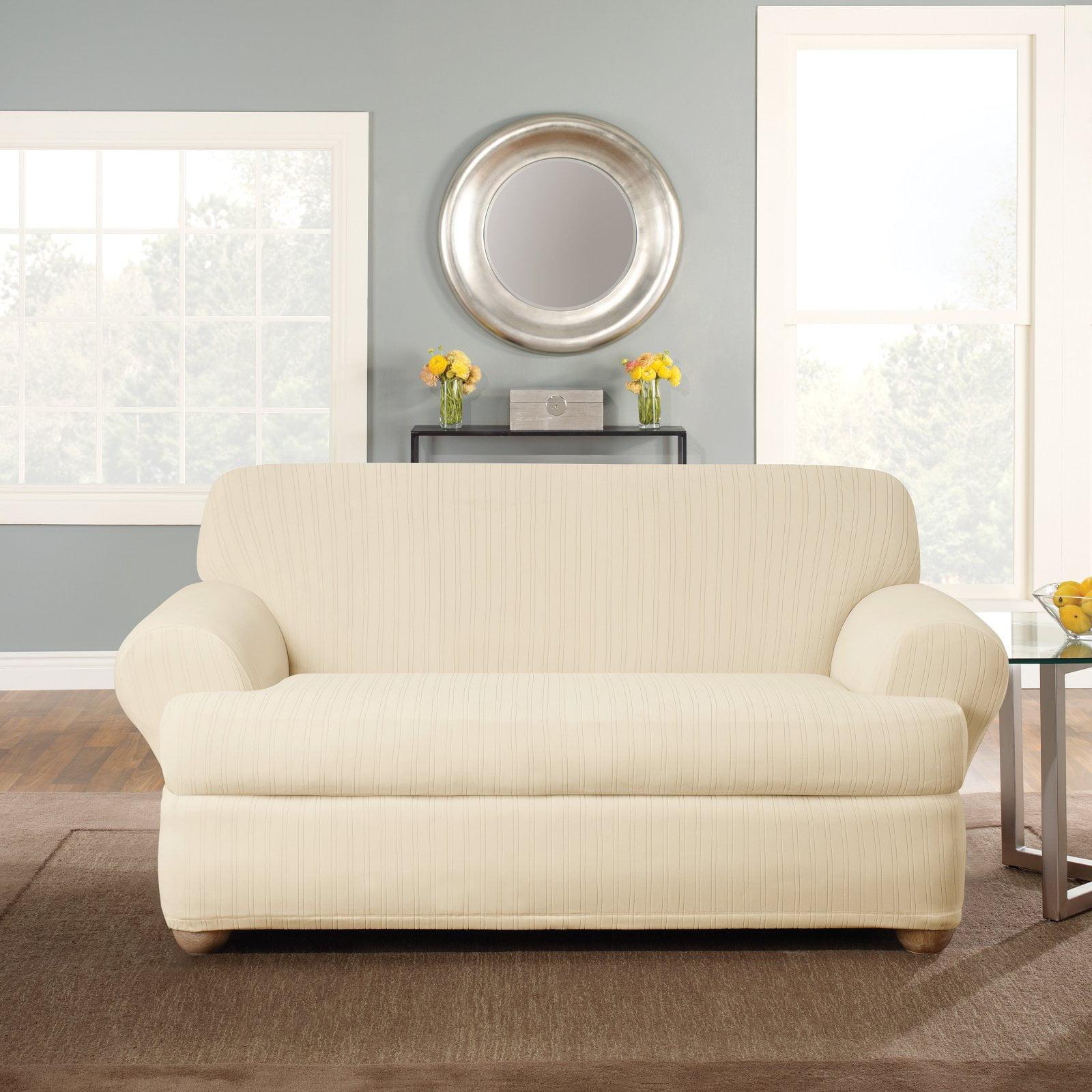 Cream Stretch Pinstripe T-Cushion Sofa Slipcover