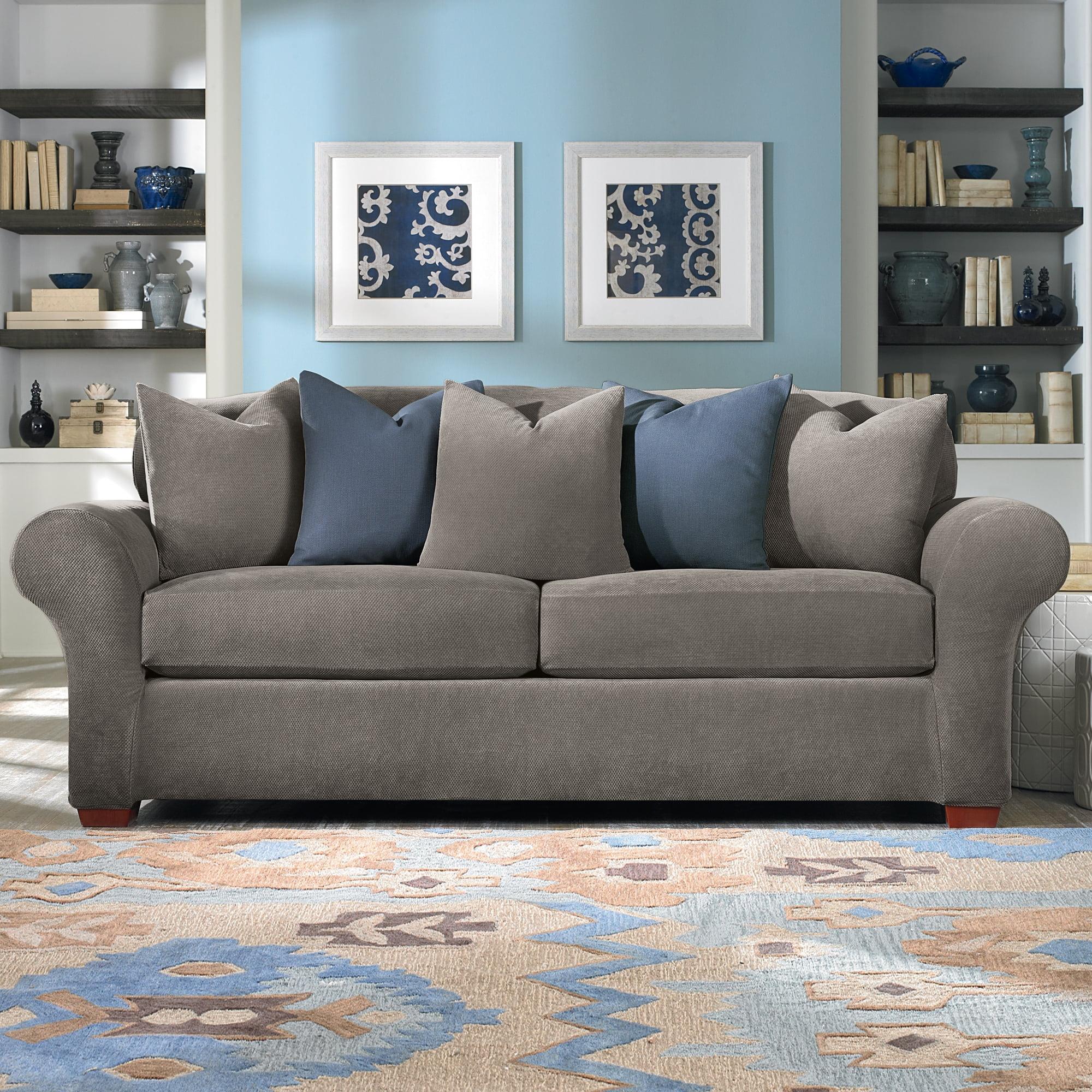 3pc Stretch Pique Sofa Slipcovers Flannel Gray - Sure Fit: Furniture Protector, Indoor Elastic Fit