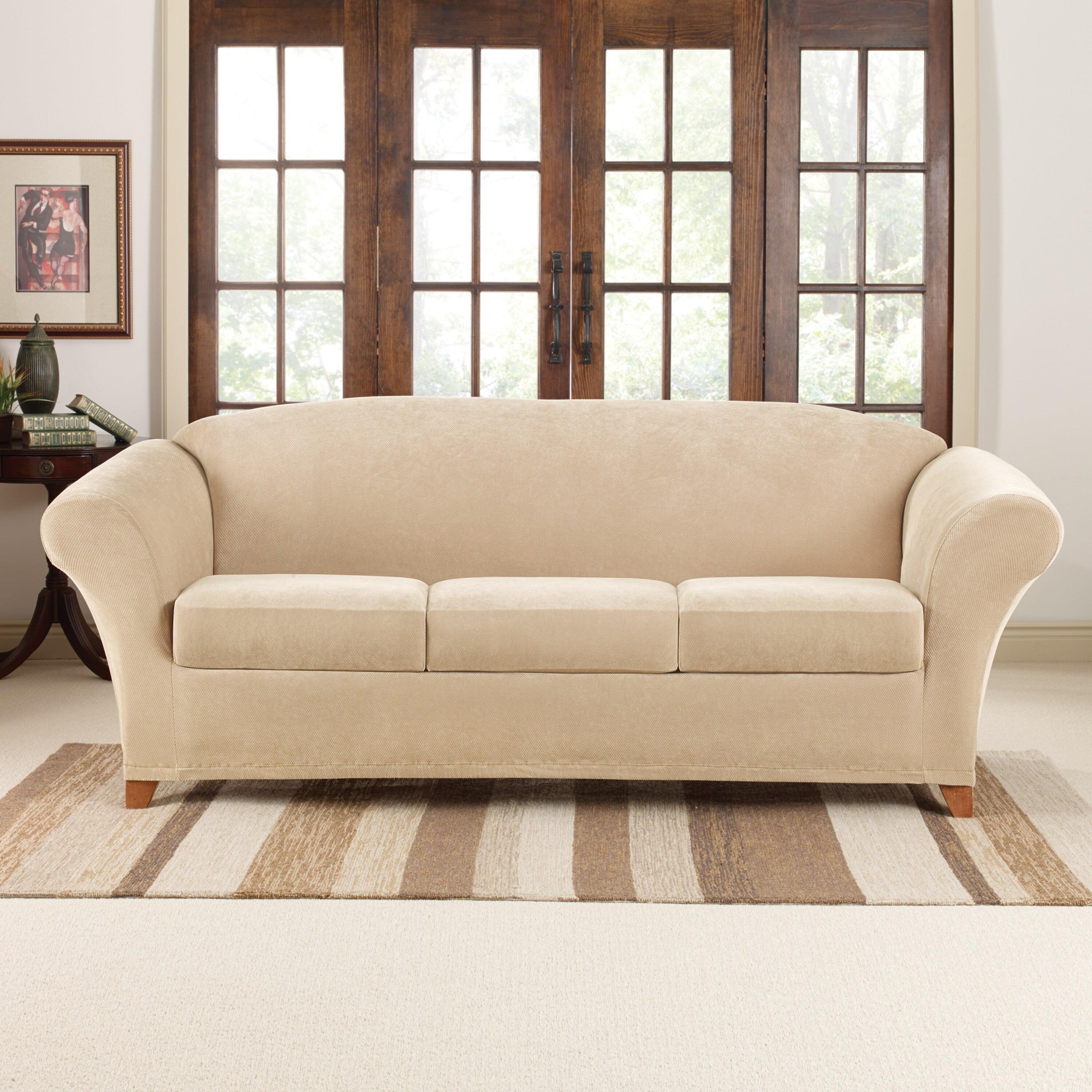 SureFit Stretch Pique 96" Cream Sofa Slipcover with Waffle-Knit Pattern