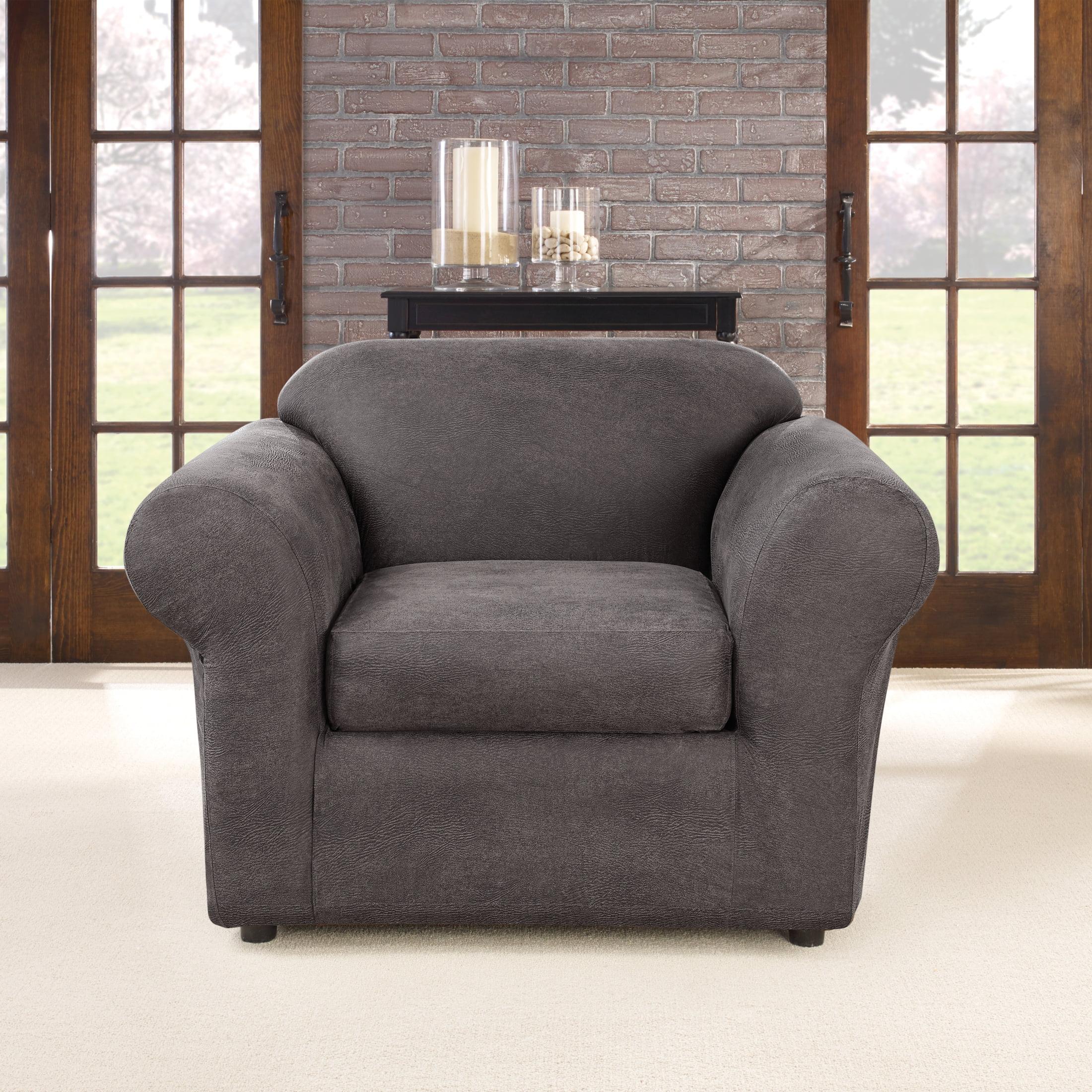 2pc Ultimate Stretch Leather Chair Slipcovers Slate - Sure Fit: Box Cushion Compatible, Machine Washable