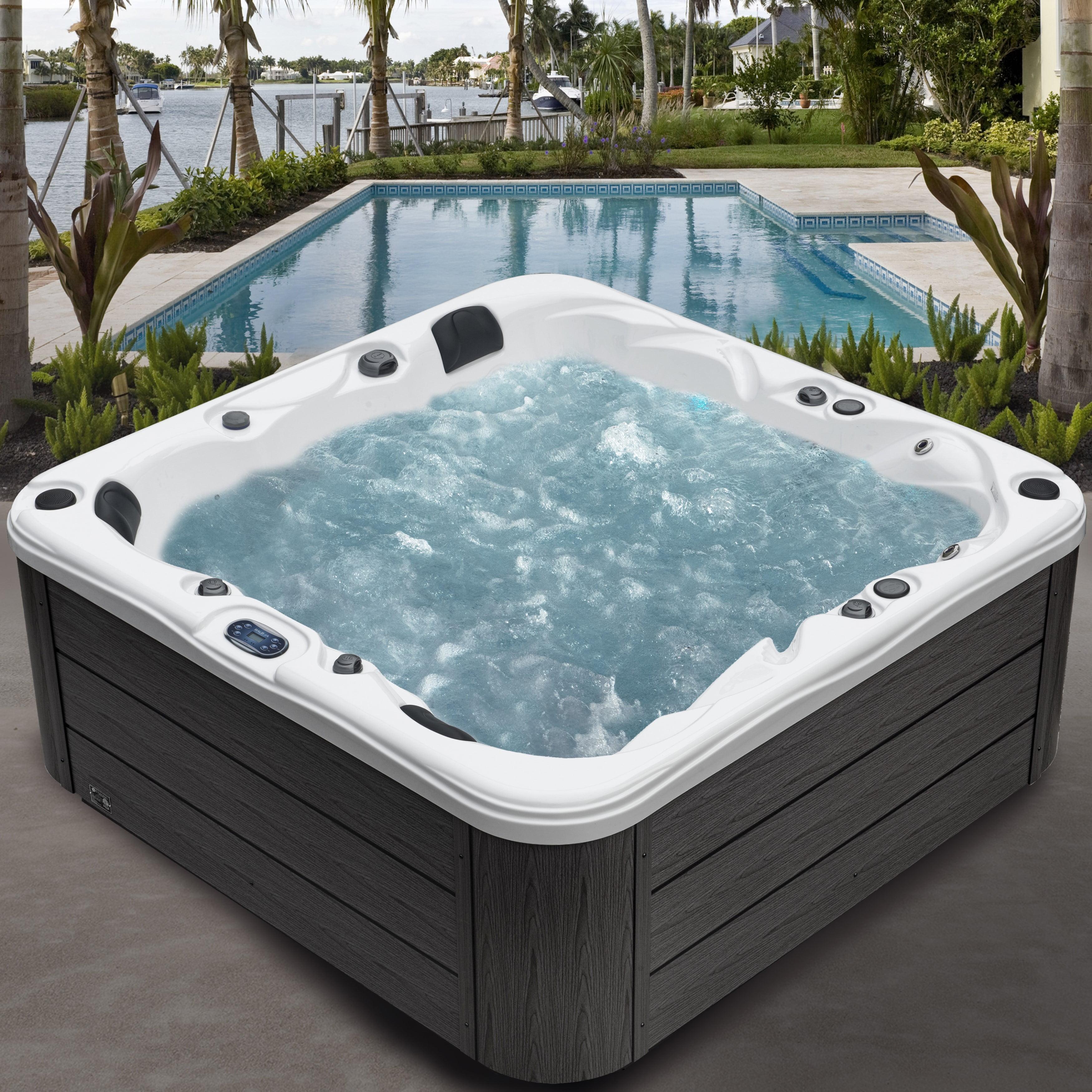 Surfaces 3-4 Person 36-Jet 72-Port Double-Lounger Hot Tub Spa with Bluetooth, Stainless Steel Heater, Programmable LED Lighting, Insulated Cover Included