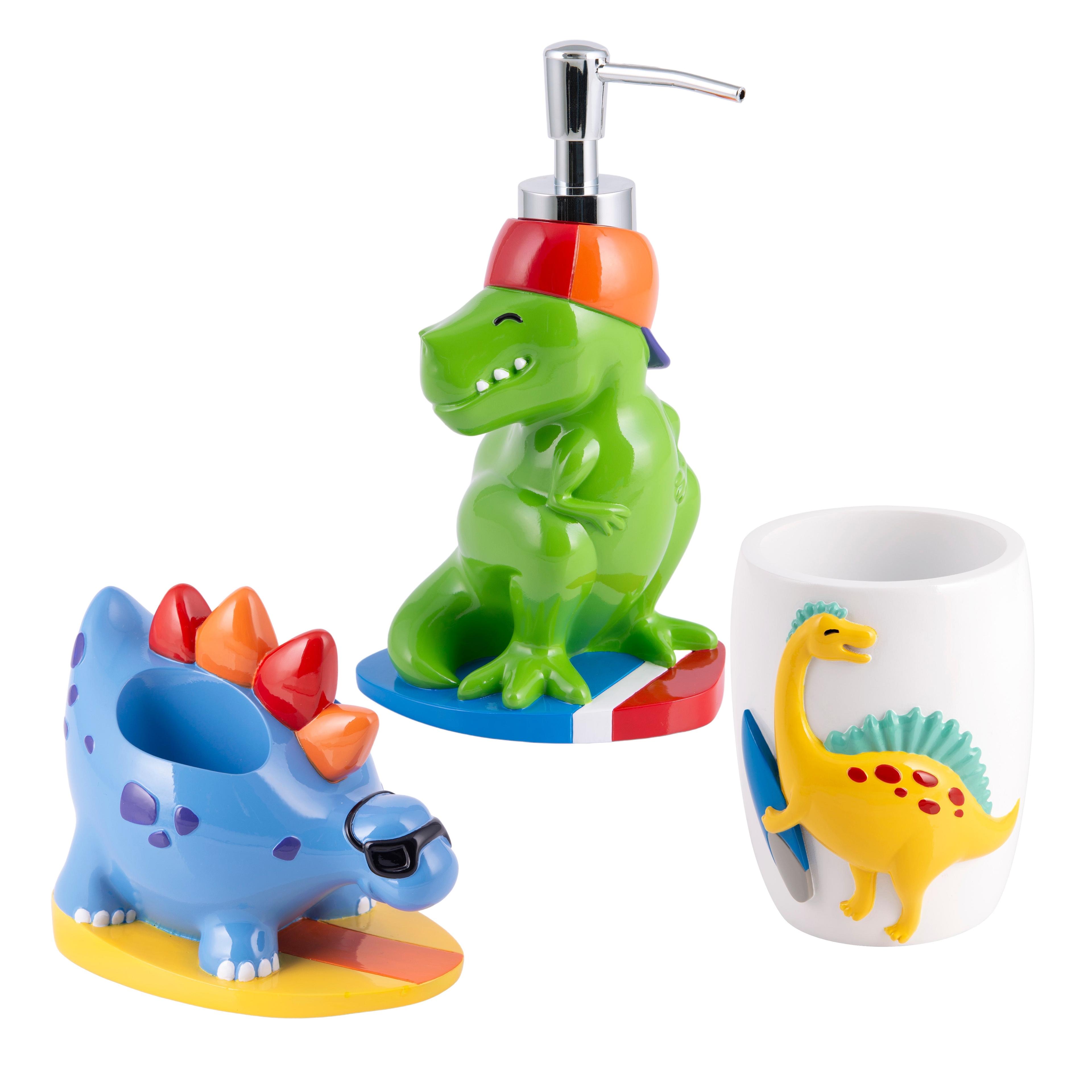 Allure Home Surfin Dino Kids' 3pc Bath Set: Resin Bathroom Accessories, Soap Dispenser, Toothbrush Holder, Tumbler