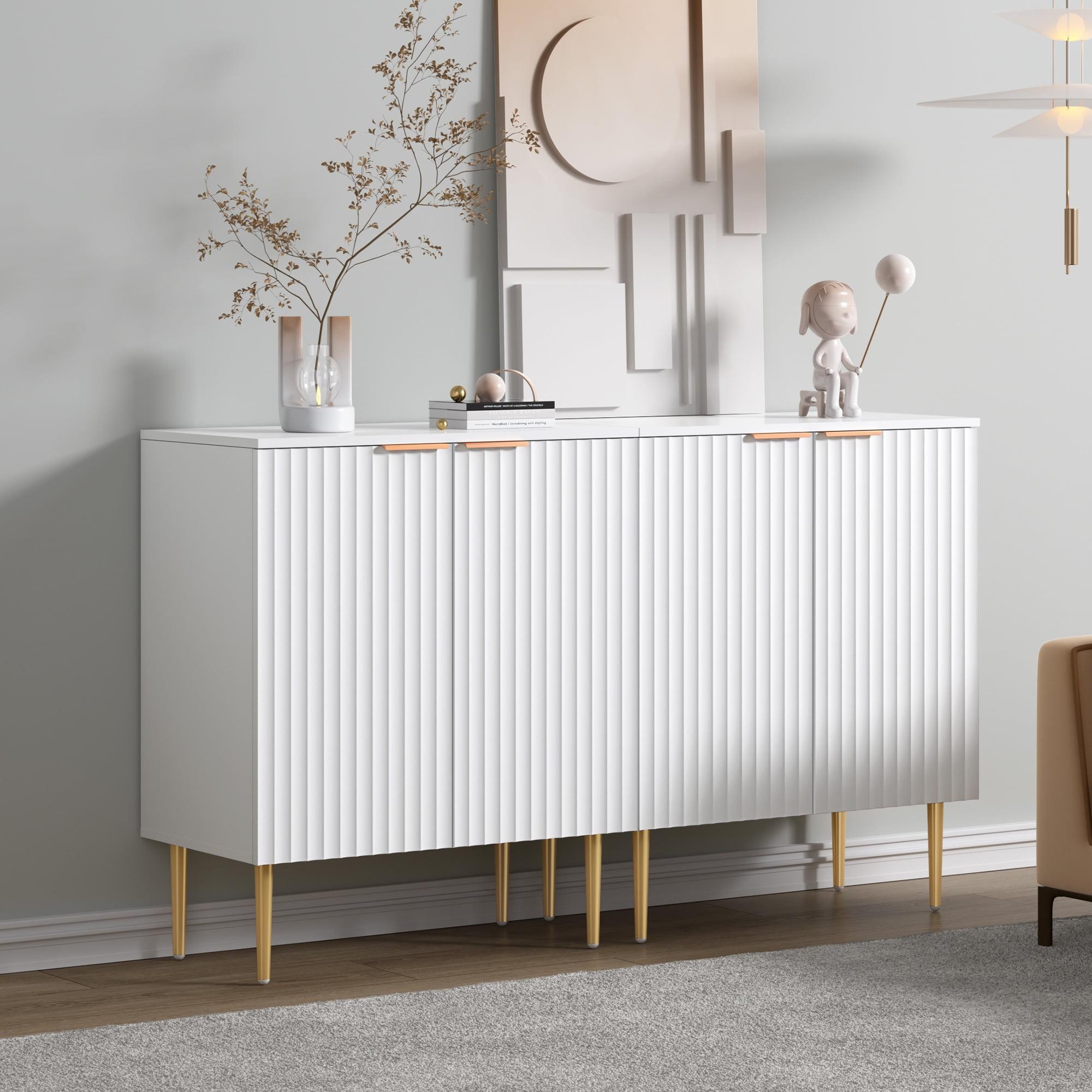 White Fluted Sideboard Buffet Cabinet with Gold Legs