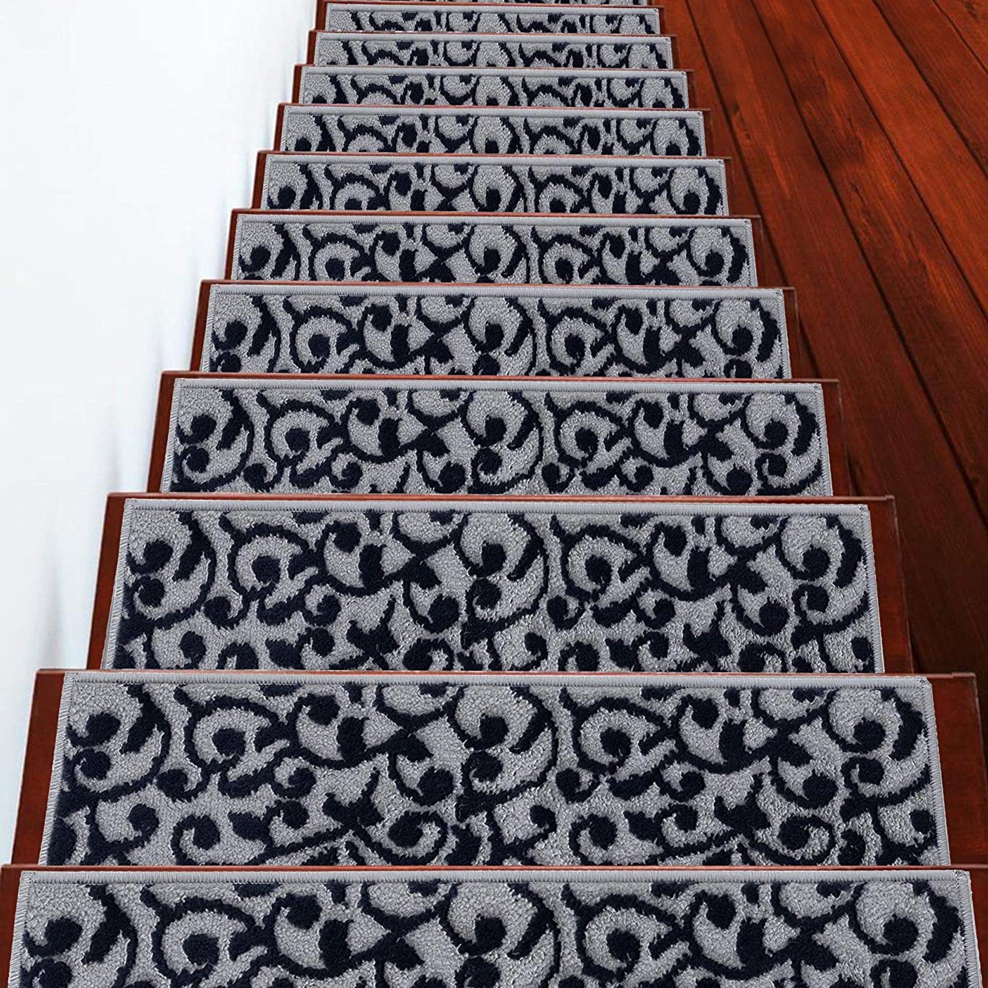 Sussexhome Leaves Collection Non-Slip Carpet Stair Treads for Wooden Steps, 9" X 28" , Pack of 15, Navy