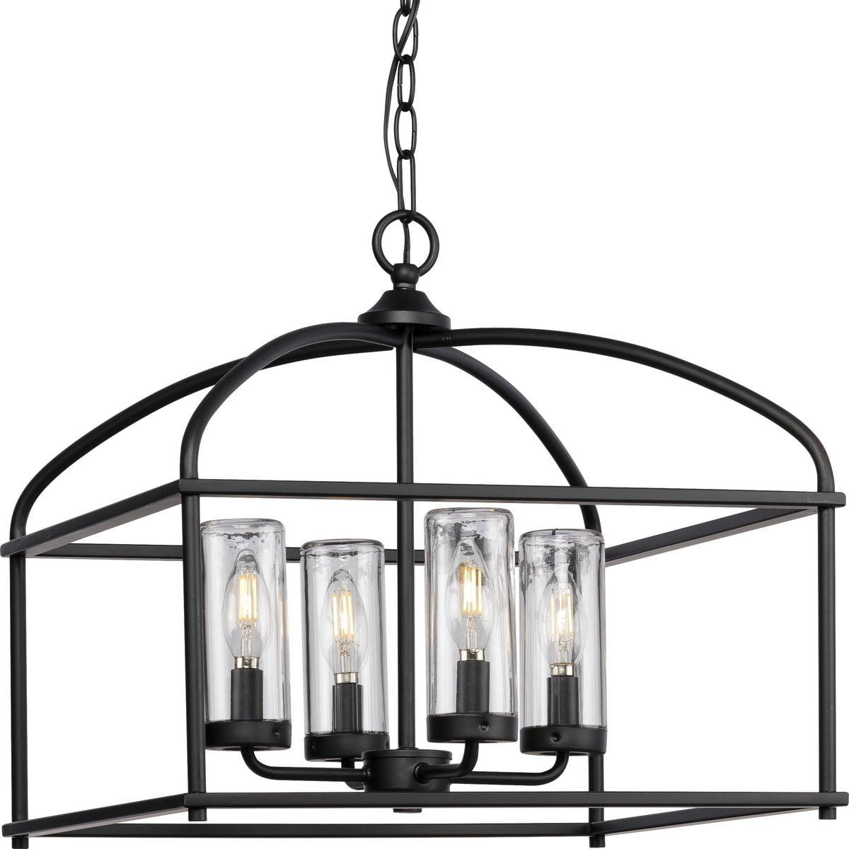 Progress Lighting Swansea 4-Light Outdoor Square Chandelier, Matte Black, Clear Glass Shades