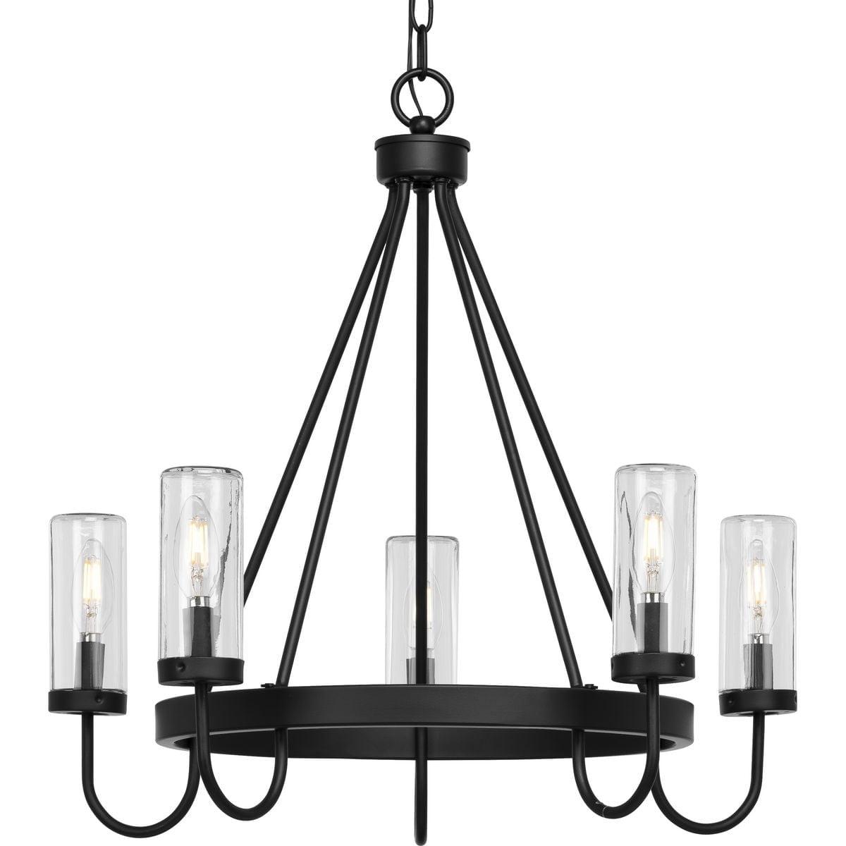 Progress Lighting Swansea 5-Light Outdoor Living Round Chandelier, Matte Black, Clear Glass