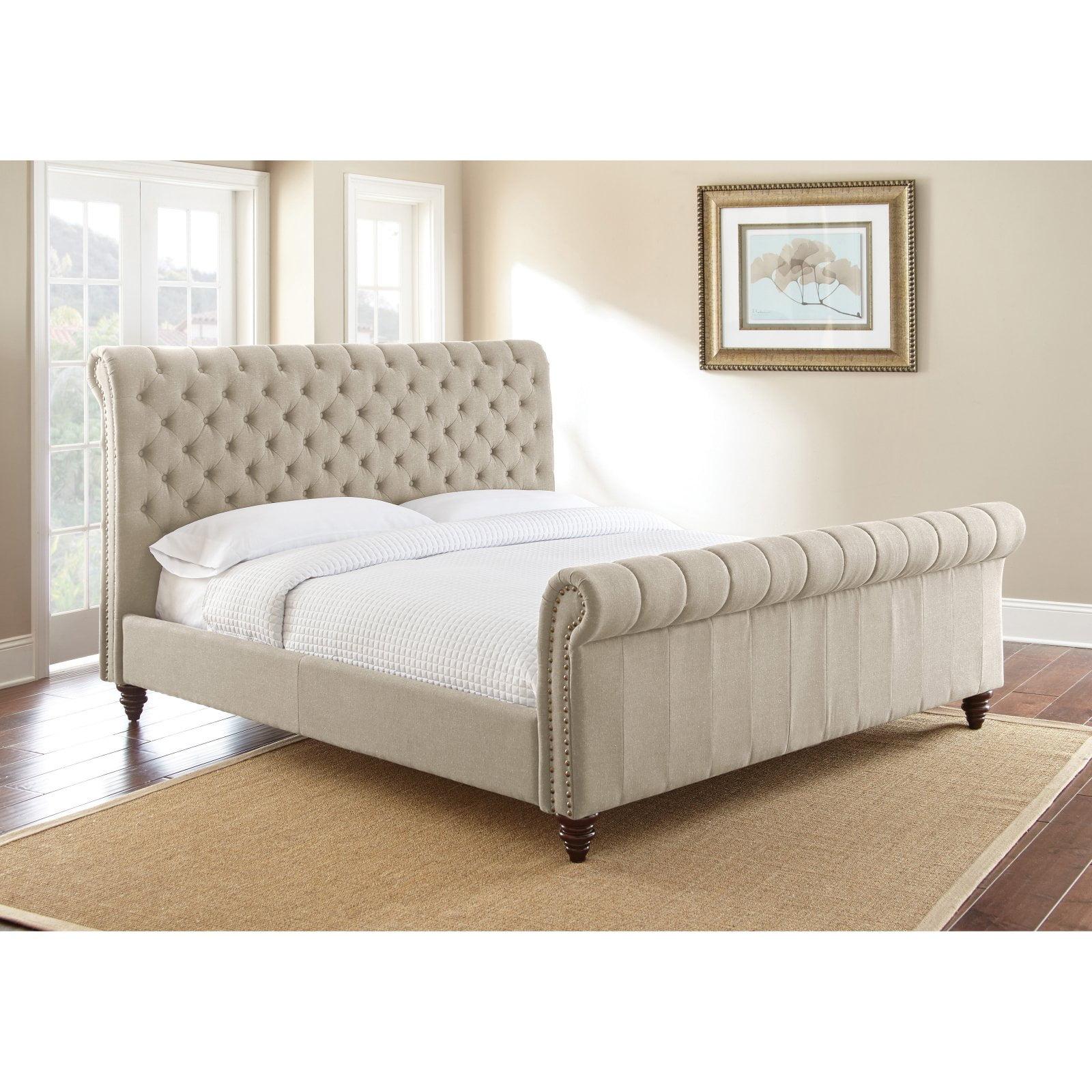 Transitional Beige Linen King Sleigh Bed with Nailhead Trim
