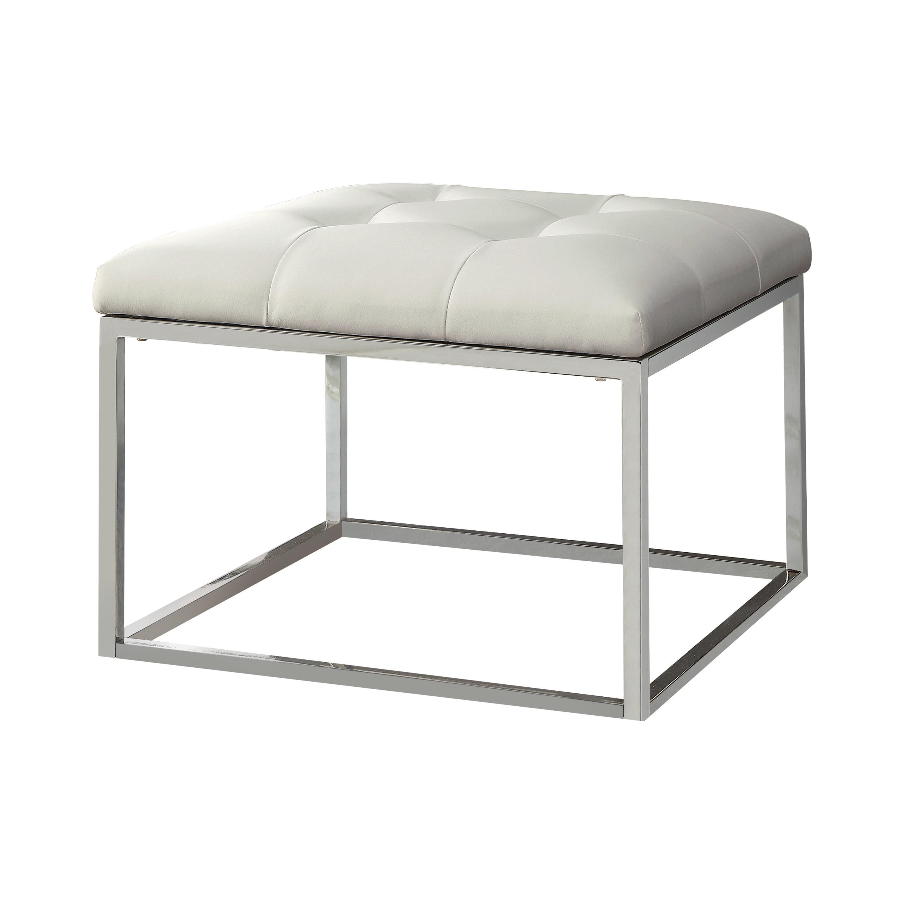 White Faux Leather Tufted Square Ottoman with Chrome Frame