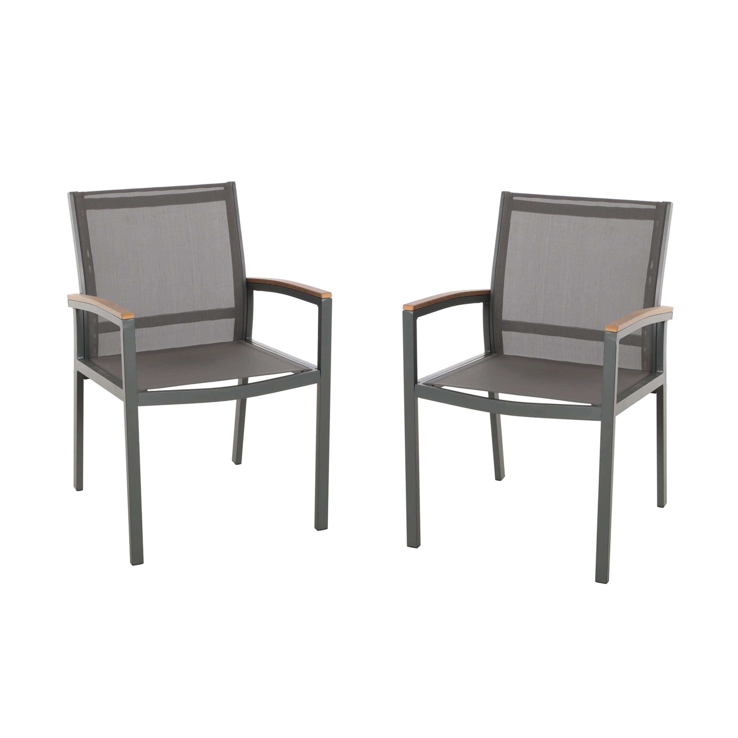 Gray and Natural Aluminum Outdoor Dining Chairs with Faux Wood Arms, Set of 2