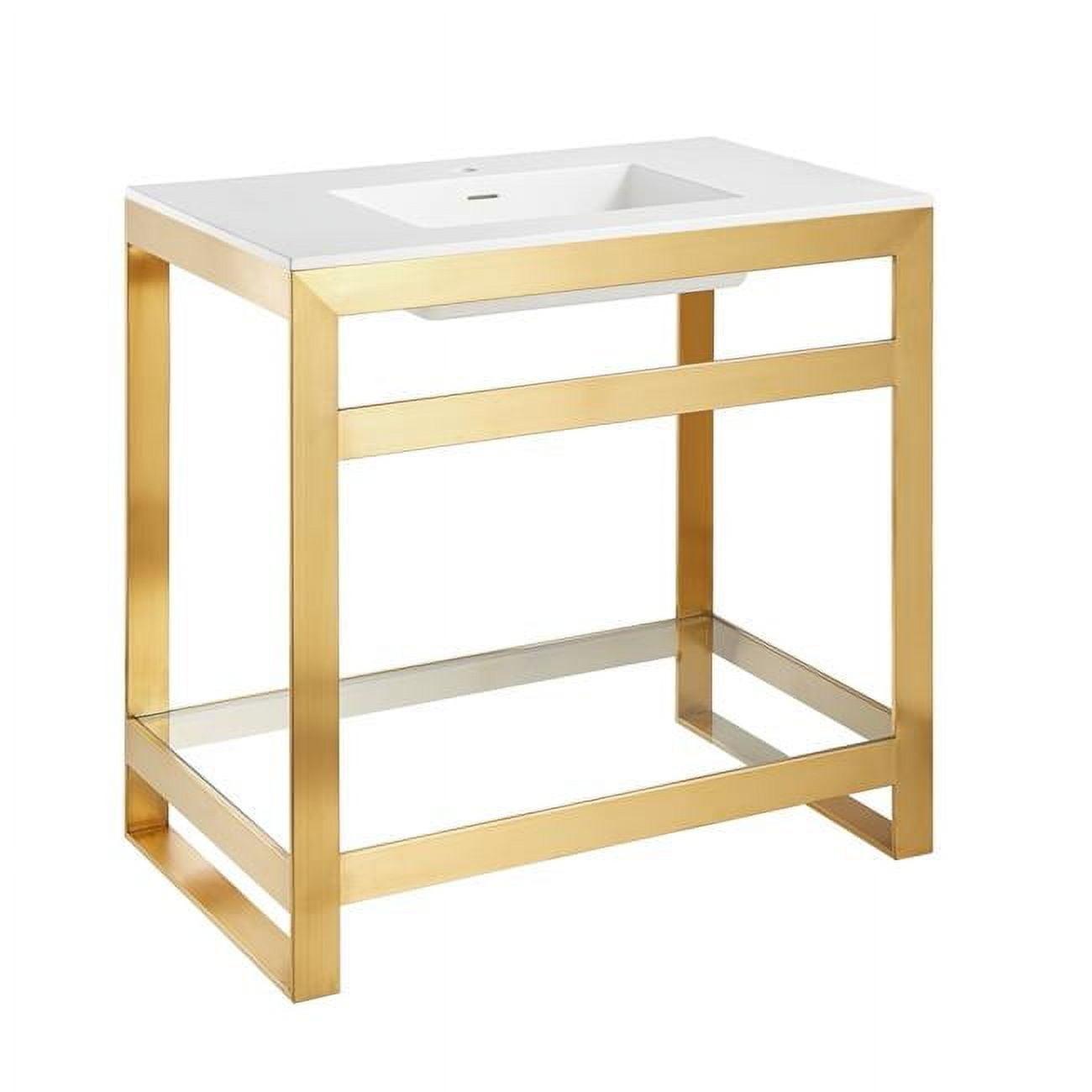 Brushed Gold and White Glass Console Sink with Shelf