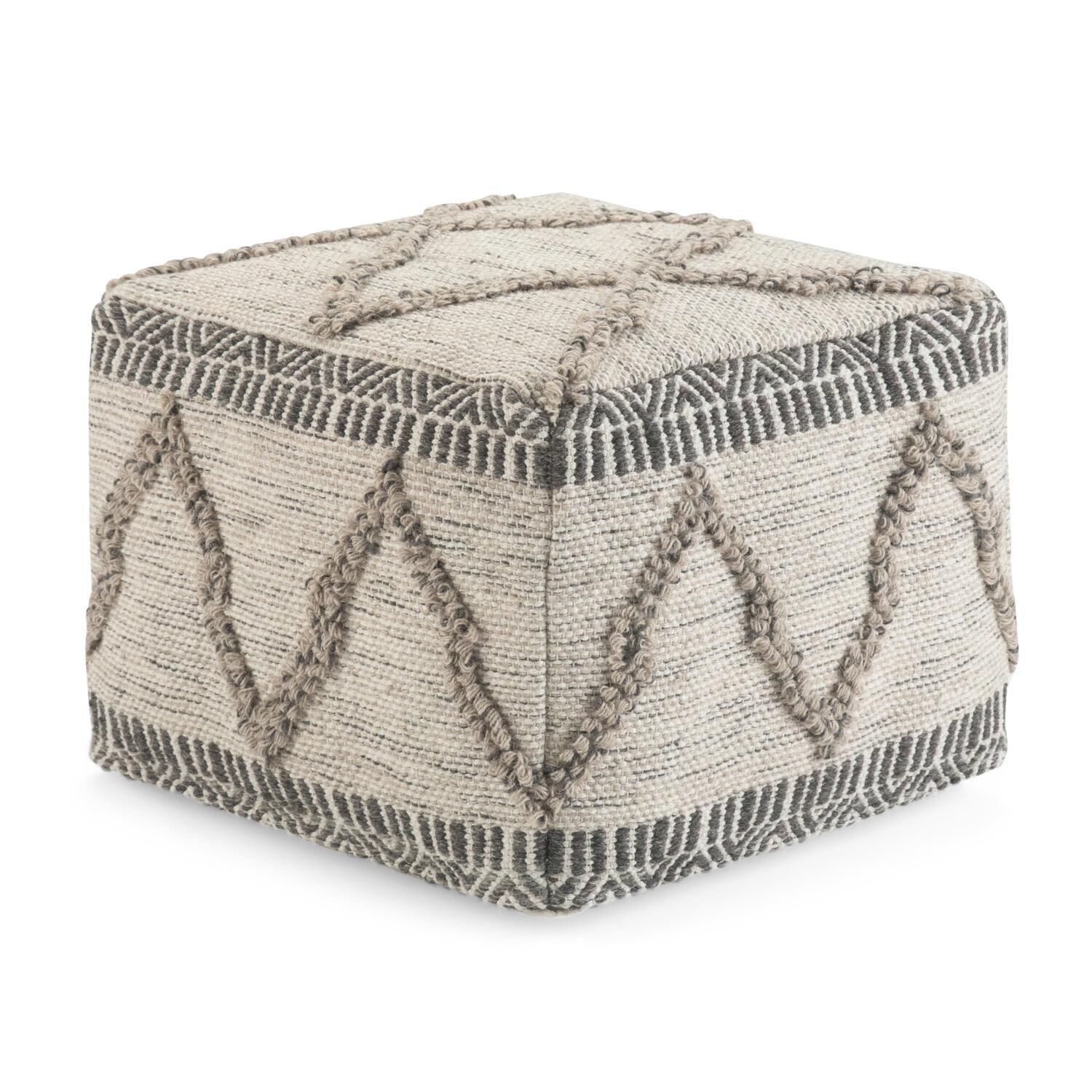 Sweeney Boho Handloom Woven Wool-Cotton Square Pouf in Grey Natural