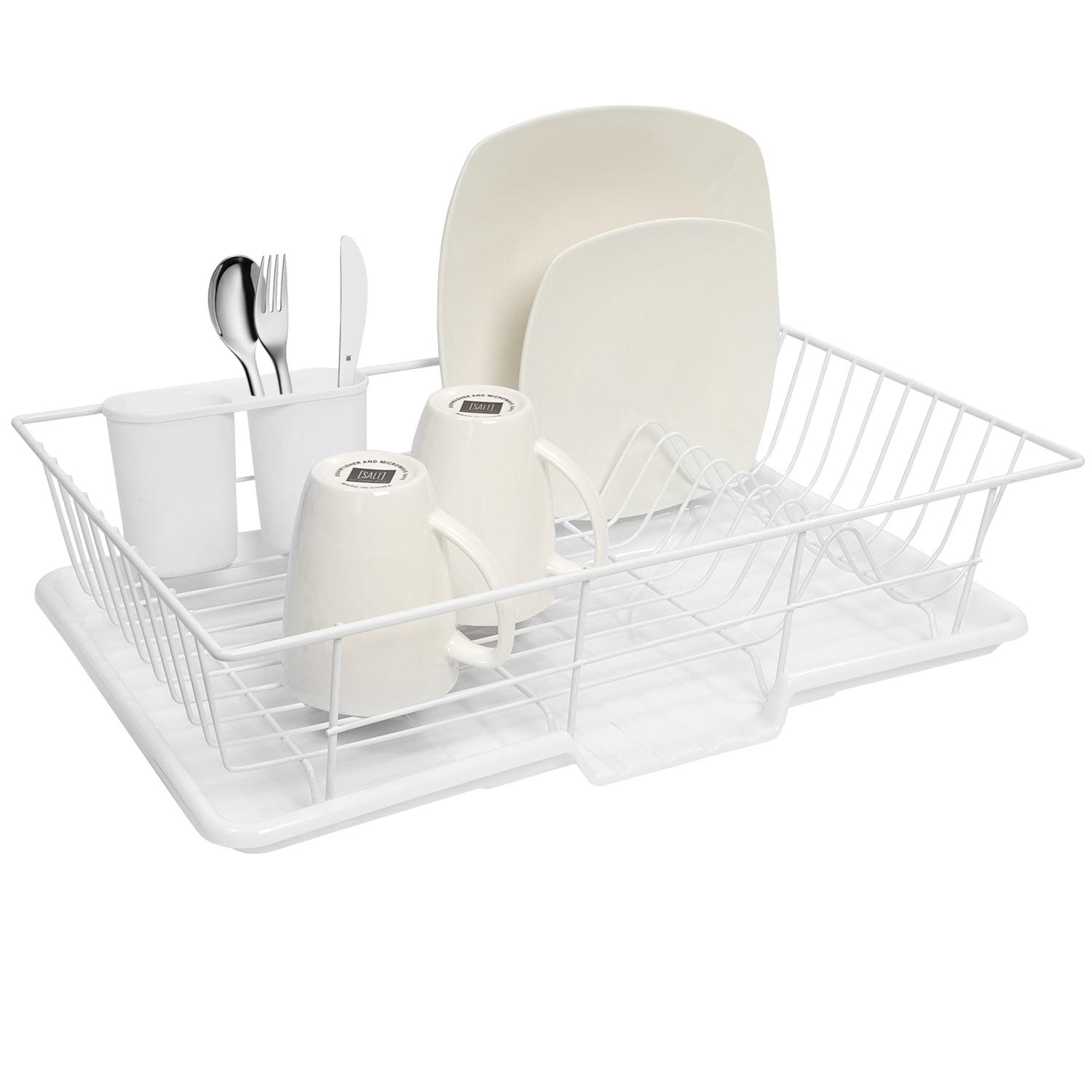 White Metal and Plastic 3-Piece Dish Drainer Set with Utensil Cup