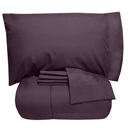 Bed-in-A-Bag Solid Color Comforter & Sheet Set Soft All Season Bedding, Twin XL, Purple