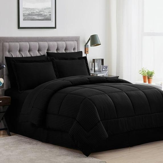 8 Piece Embossed Dobby Stripe Bed In A Bag Set - Queen, Black