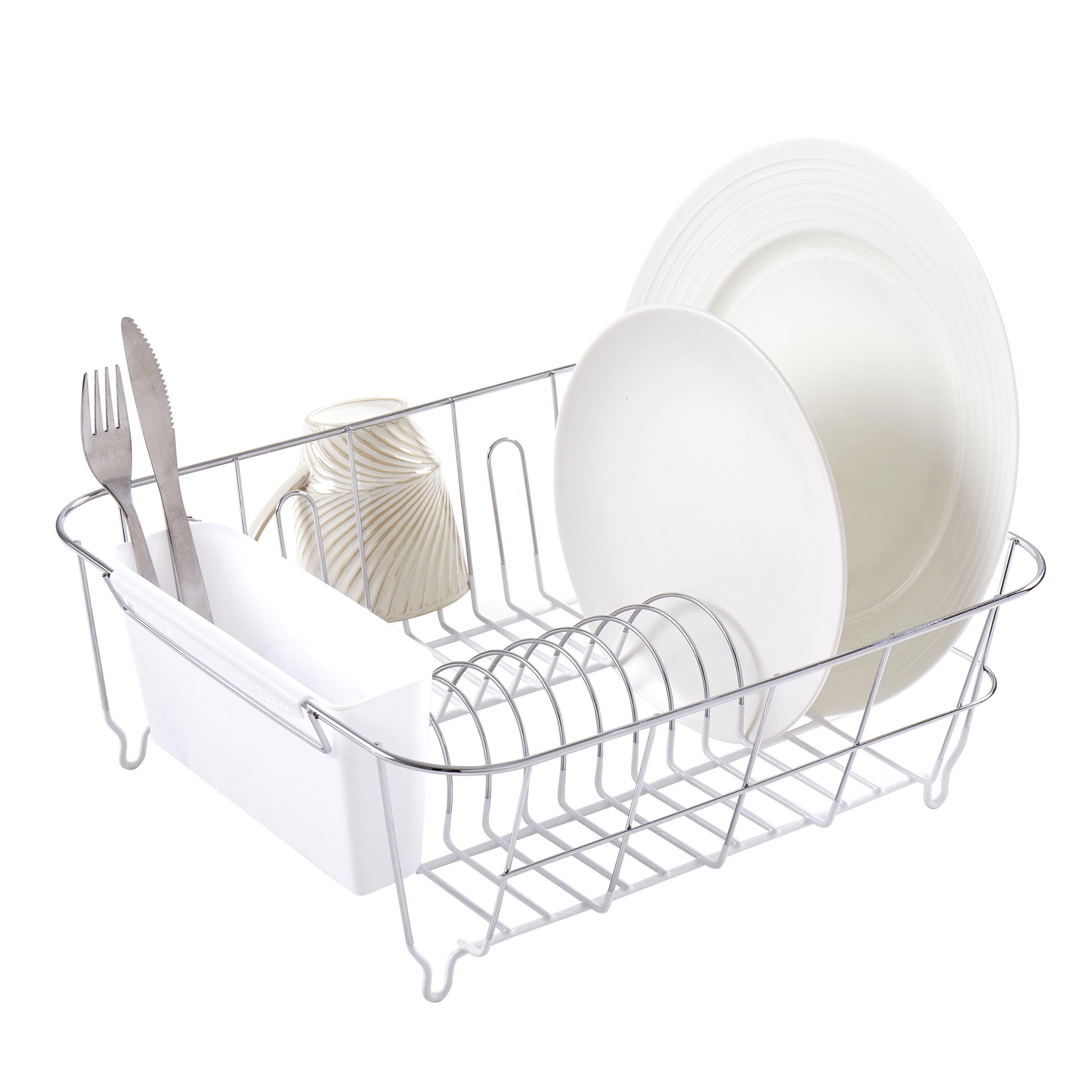 Compact Chrome and White Metal Dish Drainer with Utensil Holder