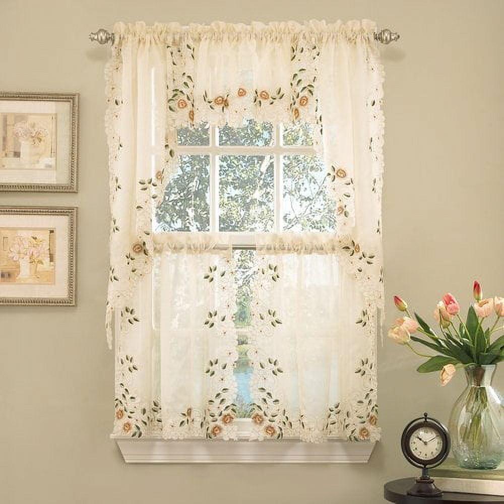 Cream Floral Embroidered Semi-Sheer Kitchen Tier Curtains