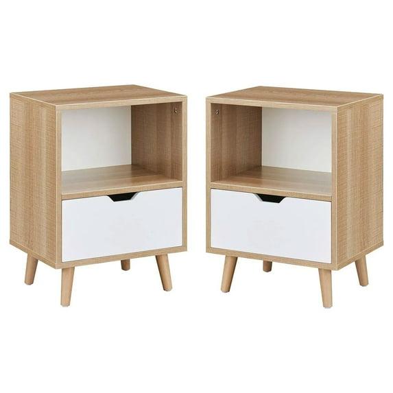 Sweetgo Modern Wooden Bedroom 2-Tier Nightstand End Side Table with Open Shelf, 4 Anti-Slip Rubber Padded Legs, & 1 Storage Drawer, Tan, Set of 2
