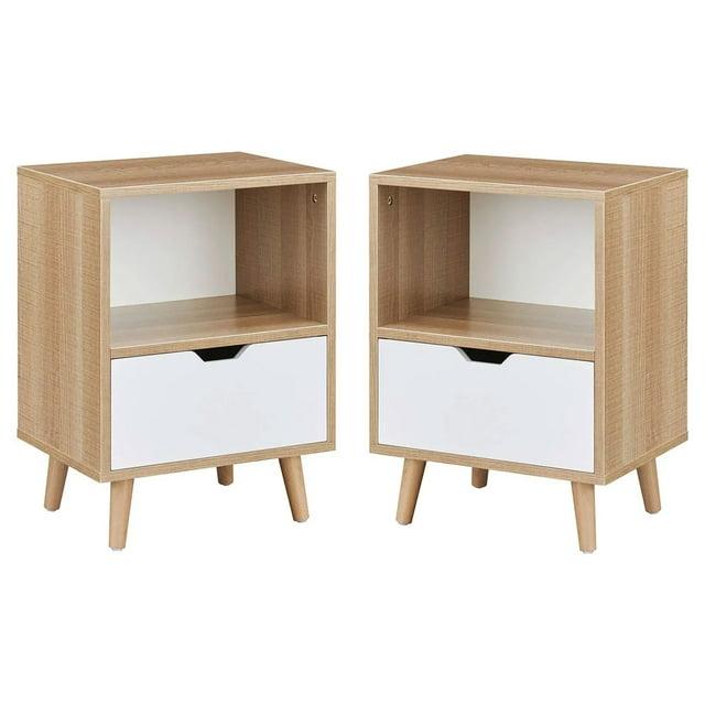 Sweetgo Modern Wooden Bedroom 2-Tier Nightstand End Side Table with Open Shelf, 4 Anti-Slip Rubber Padded Legs, & 1 Storage Drawer, Tan, Set of 2
