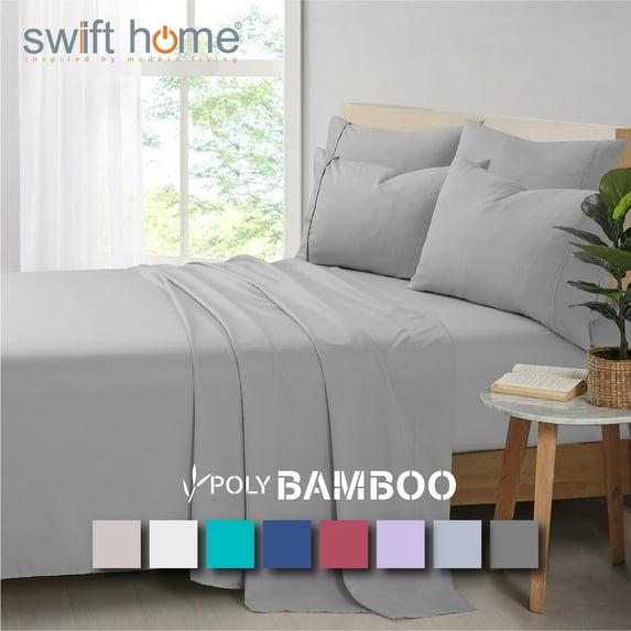 Swift Home | 6-Piece Polyester Rayon from Bamboo Blend Sheet Set Extra Pillowcase Included Light Gray King