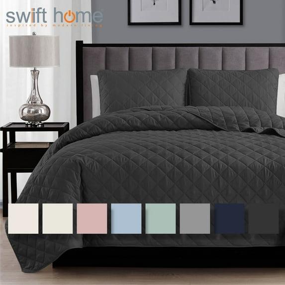 Swift Home | Essential Diamond Stitched 3-Piece Quilt Set Dark Grey Full/Queen