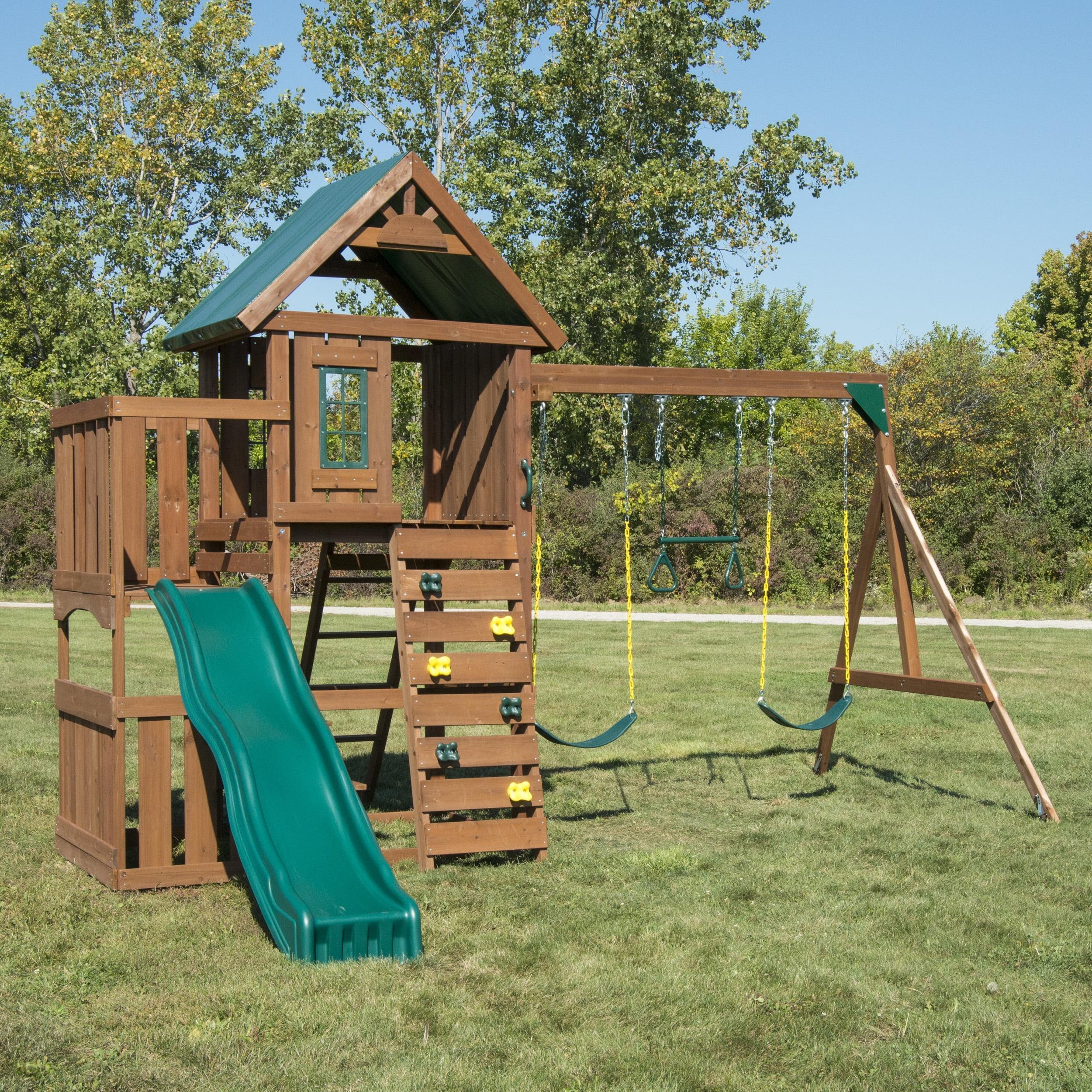 Elkhorn Wooden Backyard Swing Set with Slide and Climbing Wall