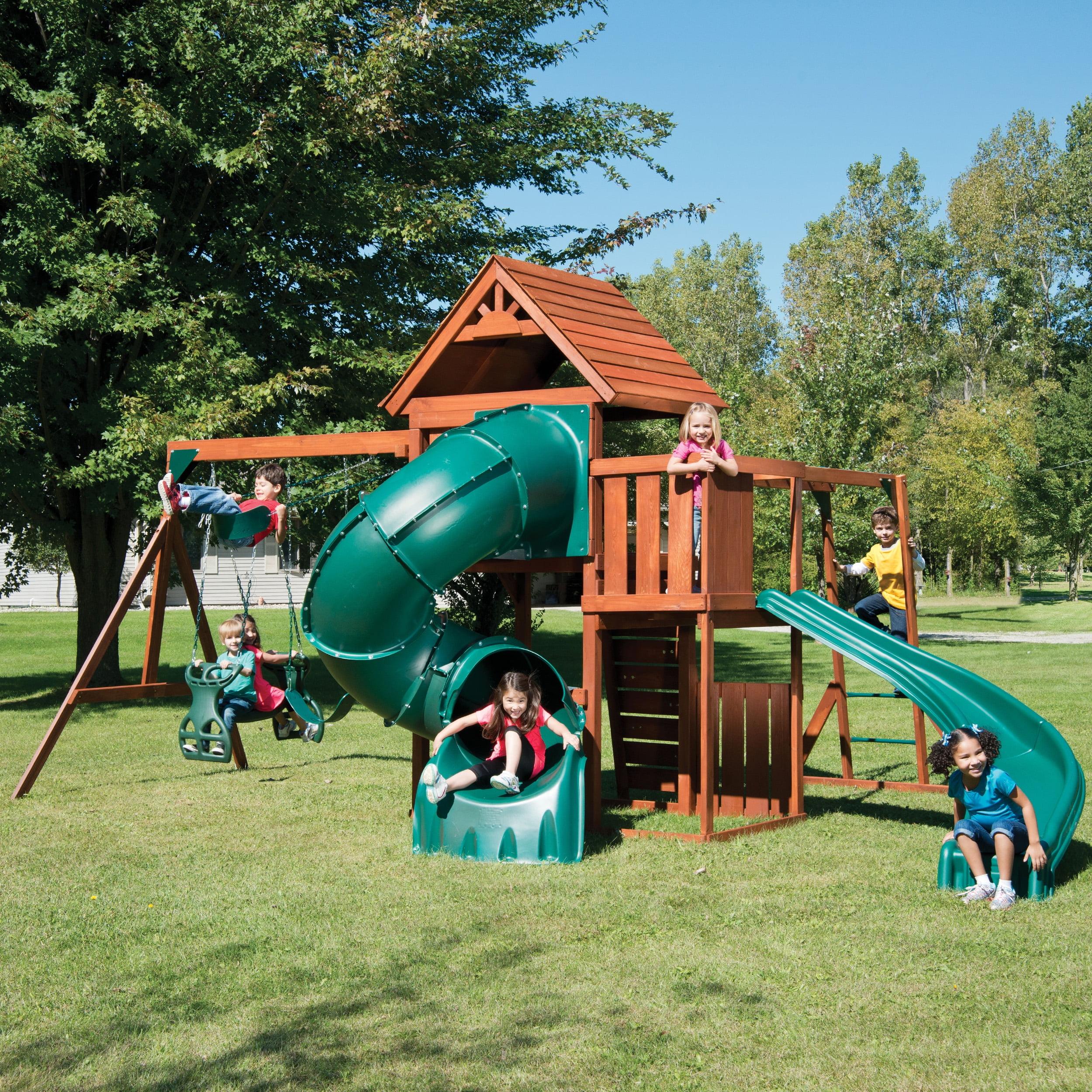 Grandview Twist Wood and Plastic Playground System with Slides and Swings