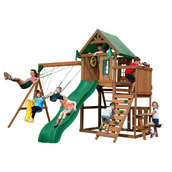 Swing-N-Slide Knightsbridge Wooden Backyard Swing Set with Alpine Wave Slide, Glider Swing, and Rock Climbing Wall