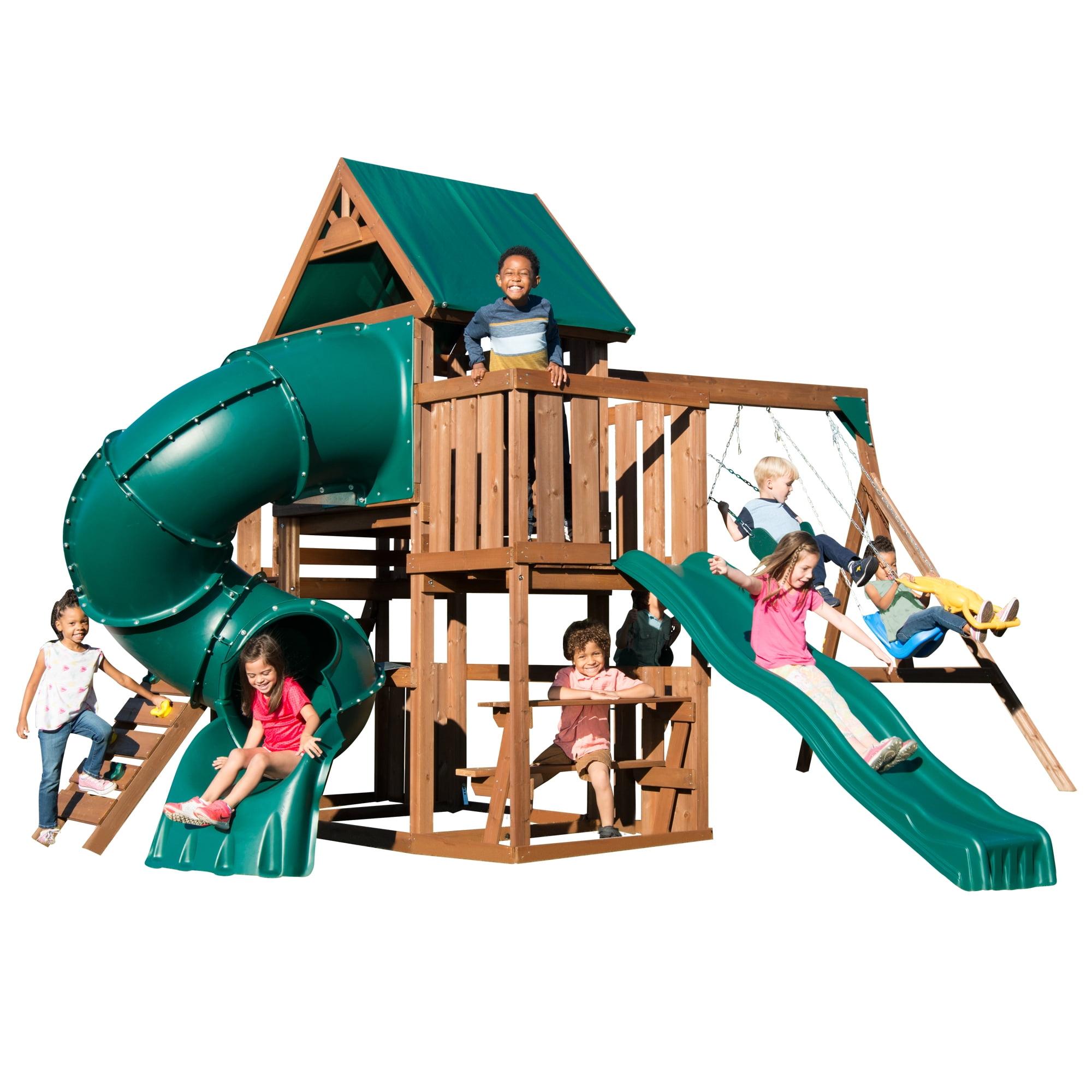 Swing-N-Slide Tellico Terrace Wooden Backyard Swing Set with Tube Slide, Wave Slide, Climbing Wall, and Swings